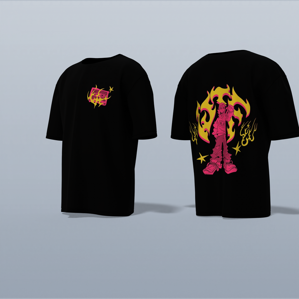 "Limited Edition Oversized Streetwear Tee Featuring Bold Anime Warrior Graphic with Flame Aura – High-Impact Back Print & Iconic Chest Detail for True Fans of Urban Anime Culture"