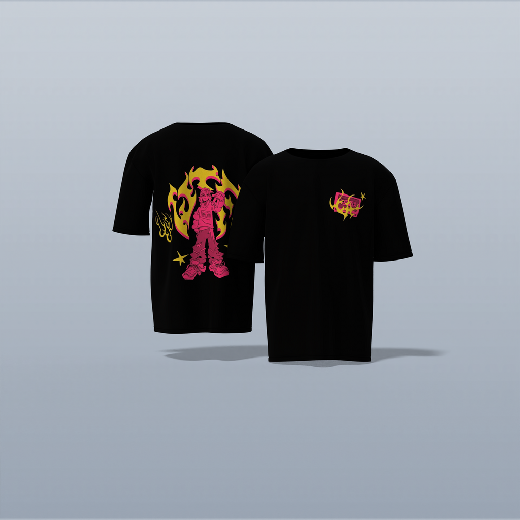 "Limited Edition Oversized Streetwear Tee Featuring Bold Anime Warrior Graphic with Flame Aura – High-Impact Back Print & Iconic Chest Detail for True Fans of Urban Anime Culture"