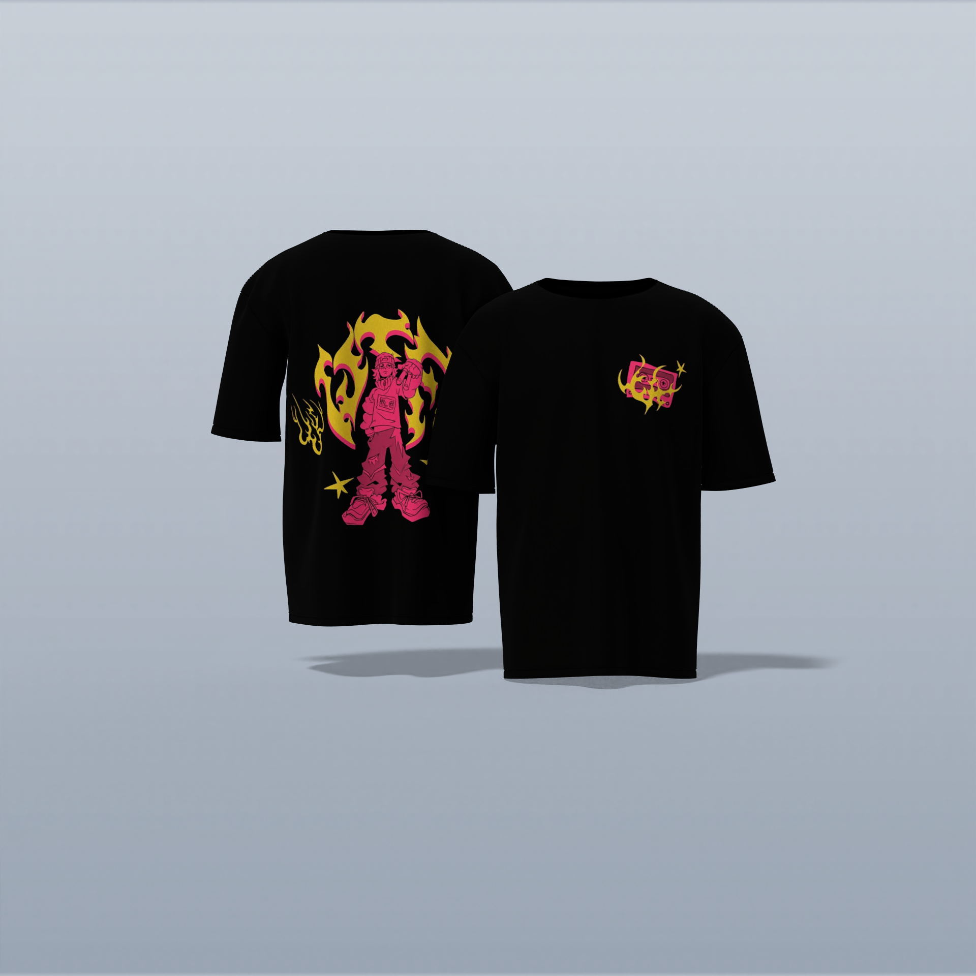 "Limited Edition Oversized Streetwear Tee Featuring Bold Anime Warrior Graphic with Flame Aura – High-Impact Back Print & Iconic Chest Detail for True Fans of Urban Anime Culture"