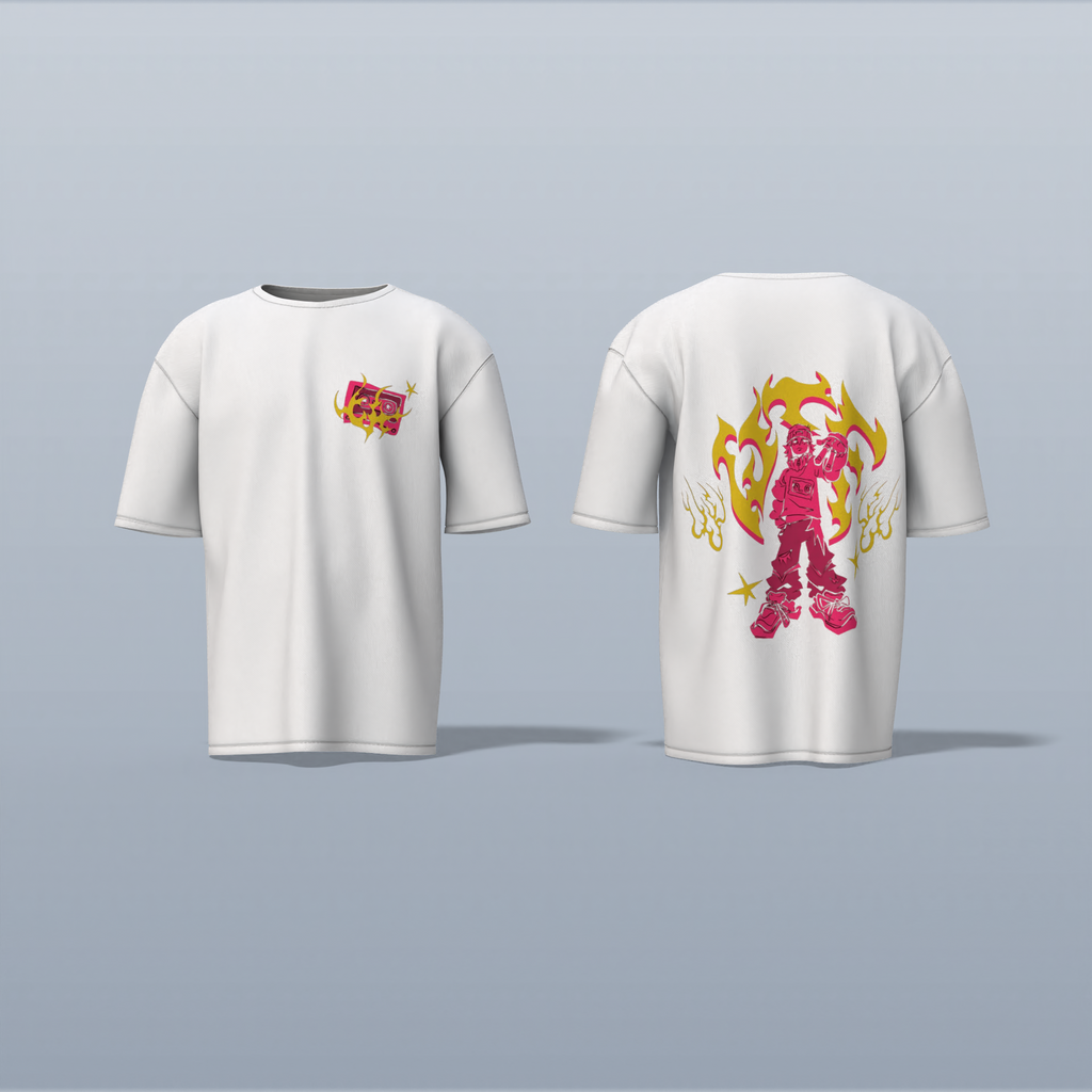 "Limited Edition Oversized Streetwear Tee Featuring Bold Anime Warrior Graphic with Flame Aura – High-Impact Back Print & Iconic Chest Detail for True Fans of Urban Anime Culture"