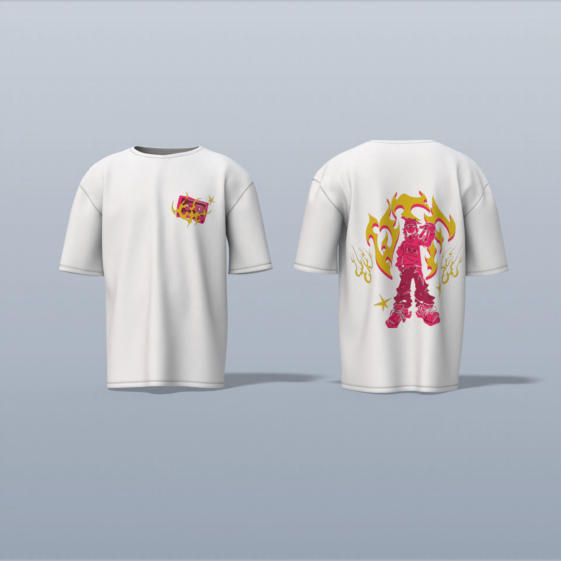 "Limited Edition Oversized Streetwear Tee Featuring Bold Anime Warrior Graphic with Flame Aura – High-Impact Back Print & Iconic Chest Detail for True Fans of Urban Anime Culture"