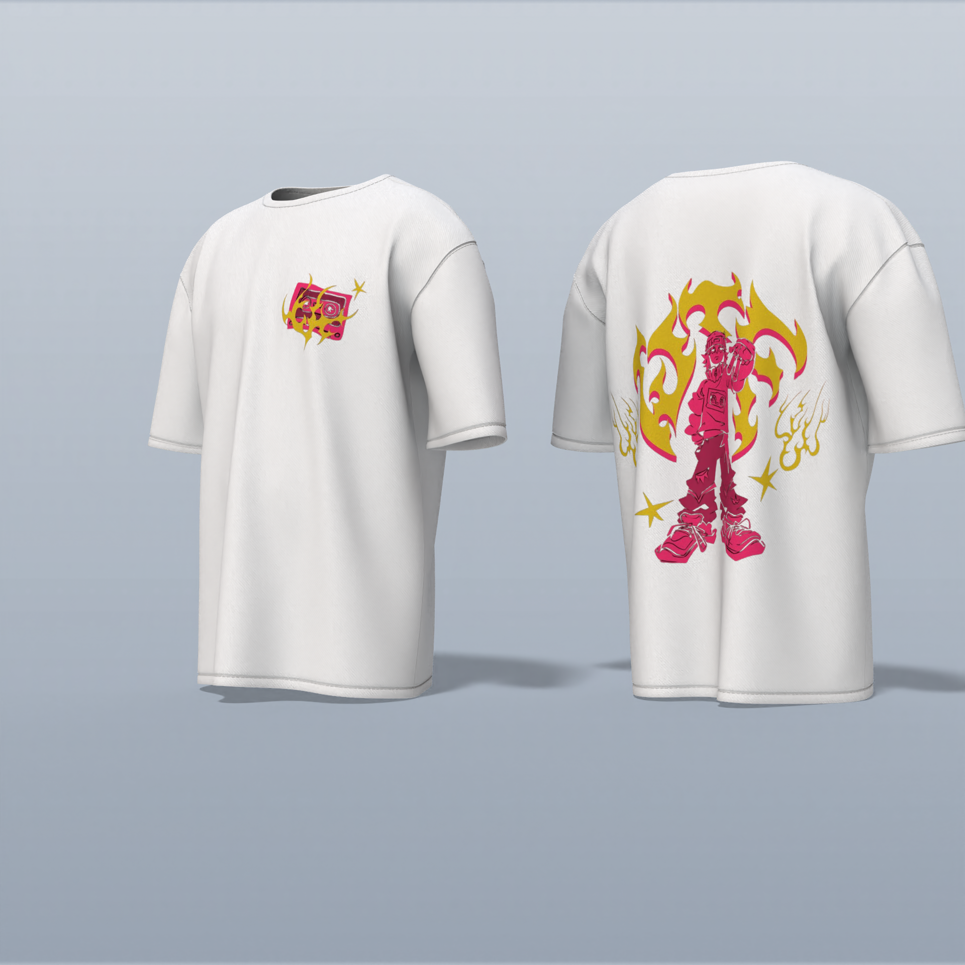 "Limited Edition Oversized Streetwear Tee Featuring Bold Anime Warrior Graphic with Flame Aura – High-Impact Back Print & Iconic Chest Detail for True Fans of Urban Anime Culture"
