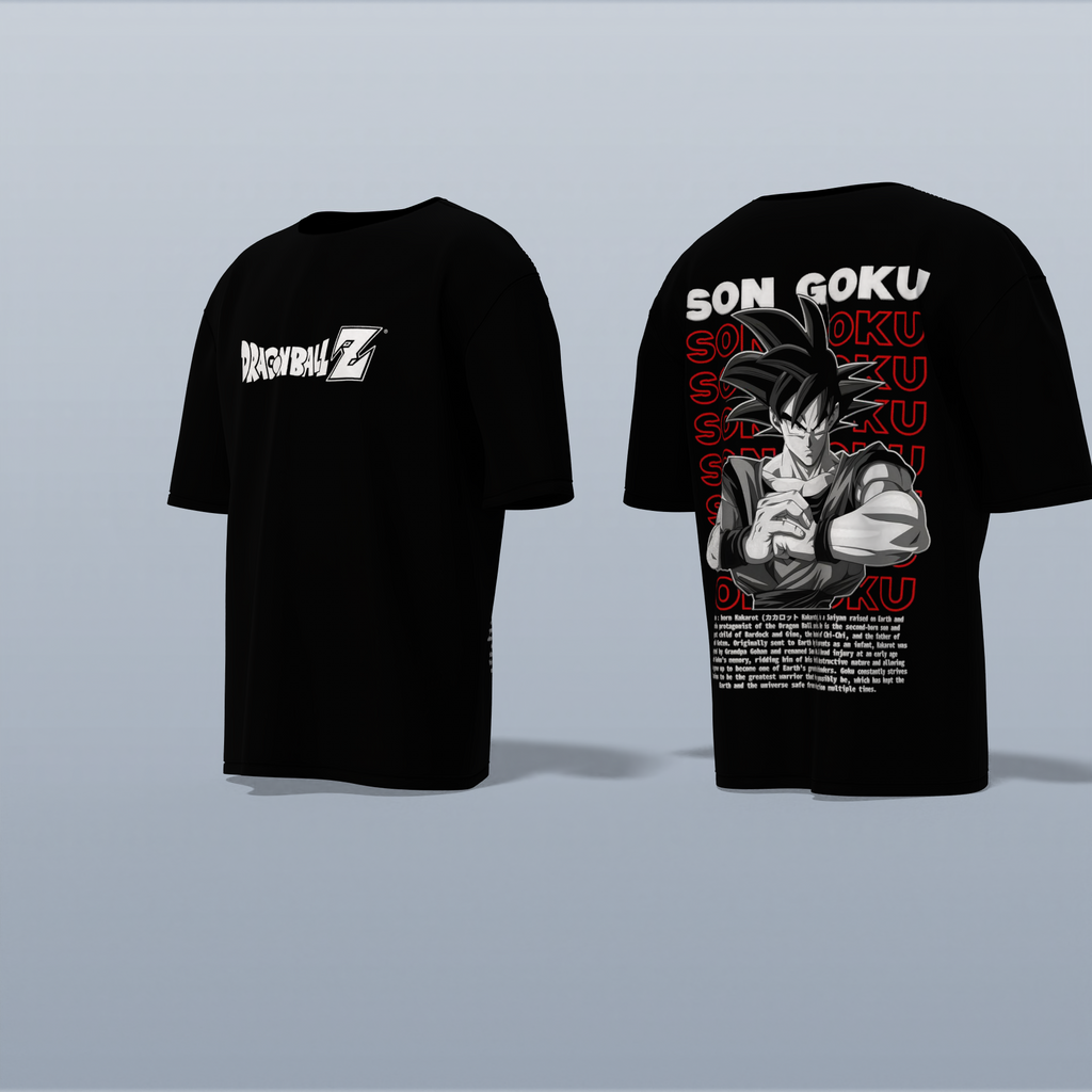 "Epic Son Goku Dragon Ball Z Oversized Graphic Tee – Iconic Anime Artwork with Bold Typography and Character Backstory"