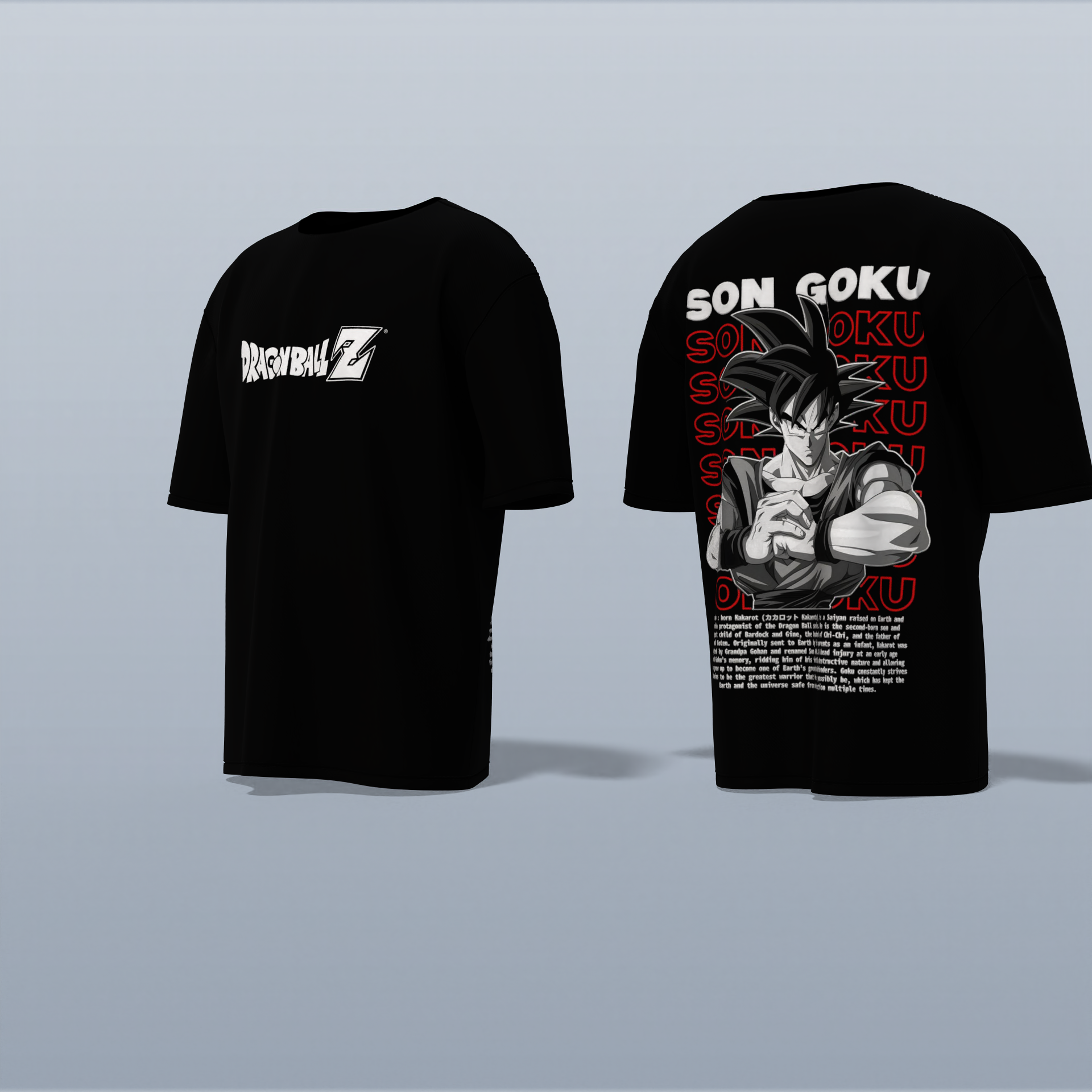 "Epic Son Goku Dragon Ball Z Oversized Graphic Tee – Iconic Anime Artwork with Bold Typography and Character Backstory"
