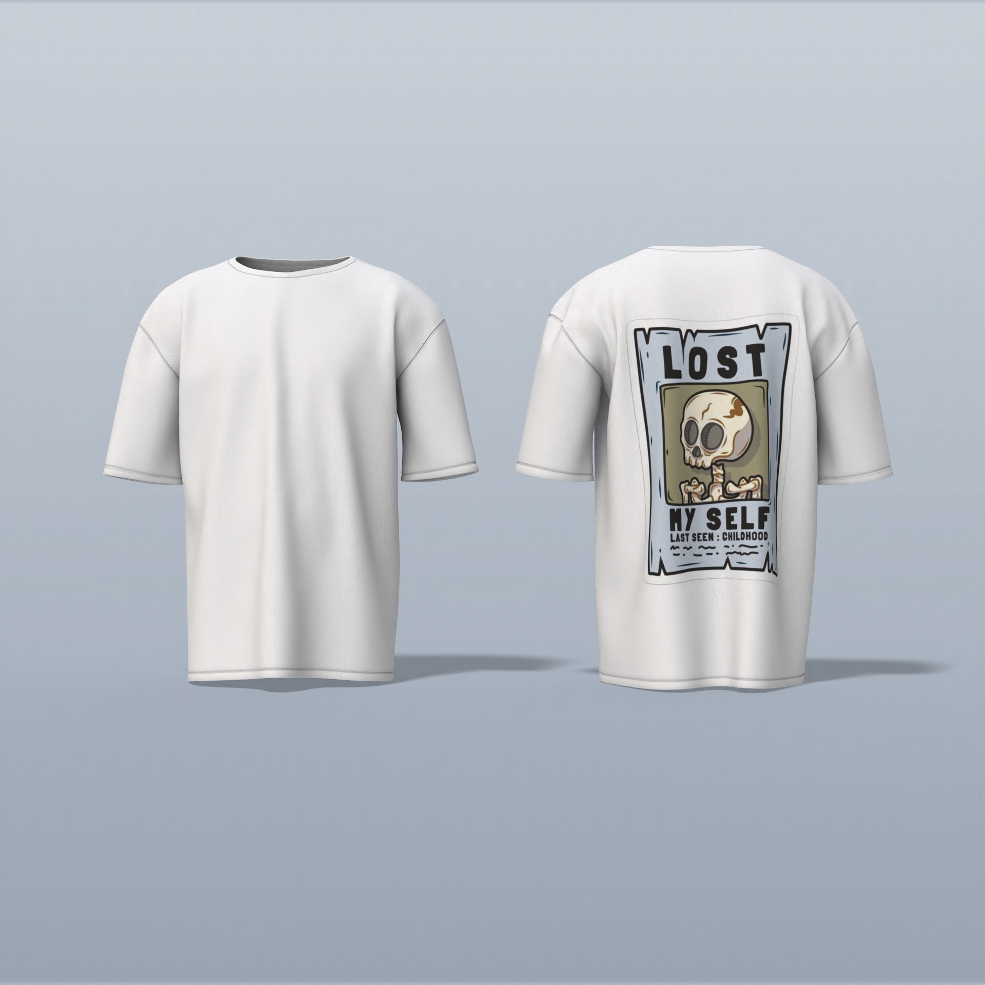 "Lost Myself Oversized Graphic Tee – Vintage Poster-Inspired Skeleton Art with Dark Humor and Nostalgic Vibes"