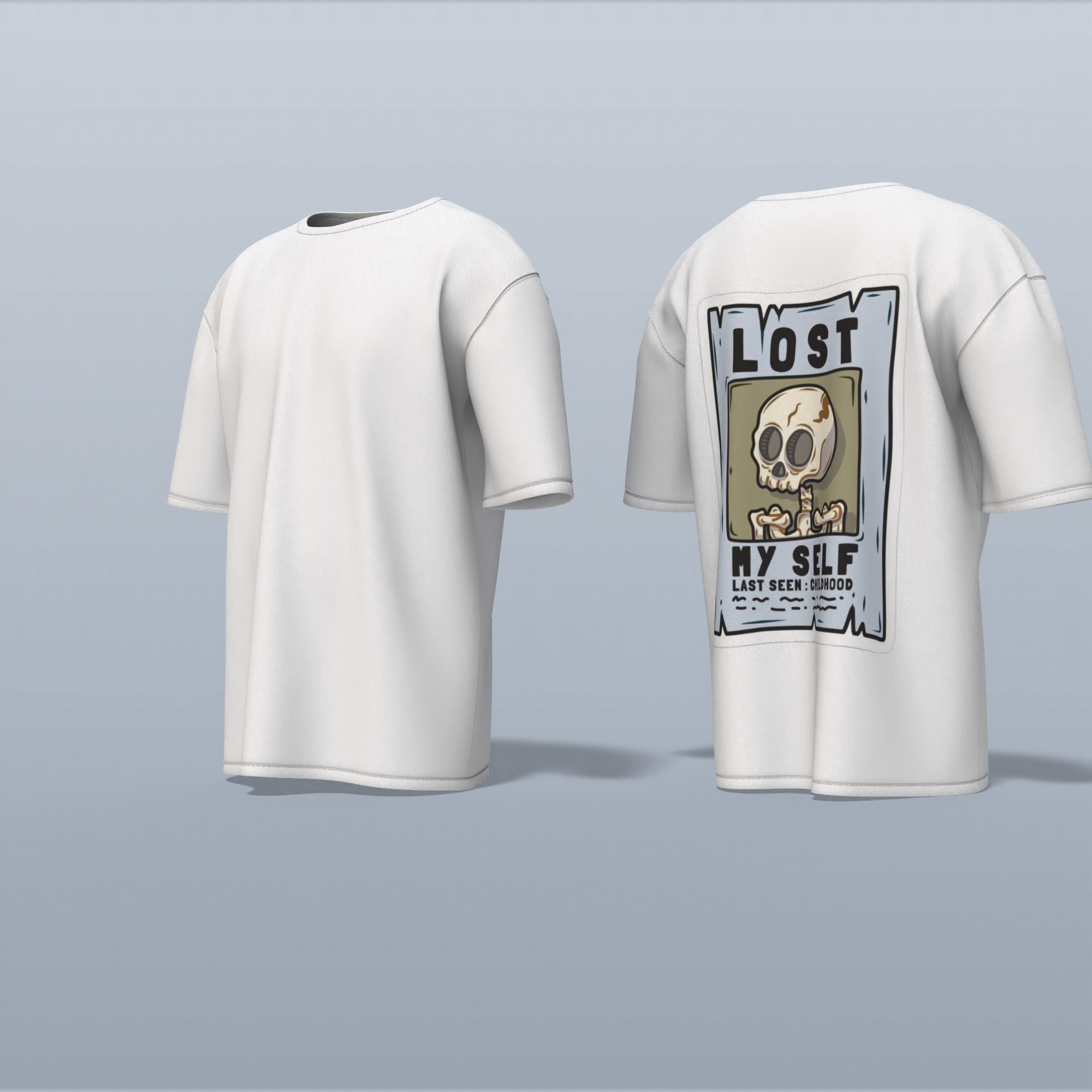 "Lost Myself Oversized Graphic Tee – Vintage Poster-Inspired Skeleton Art with Dark Humor and Nostalgic Vibes"