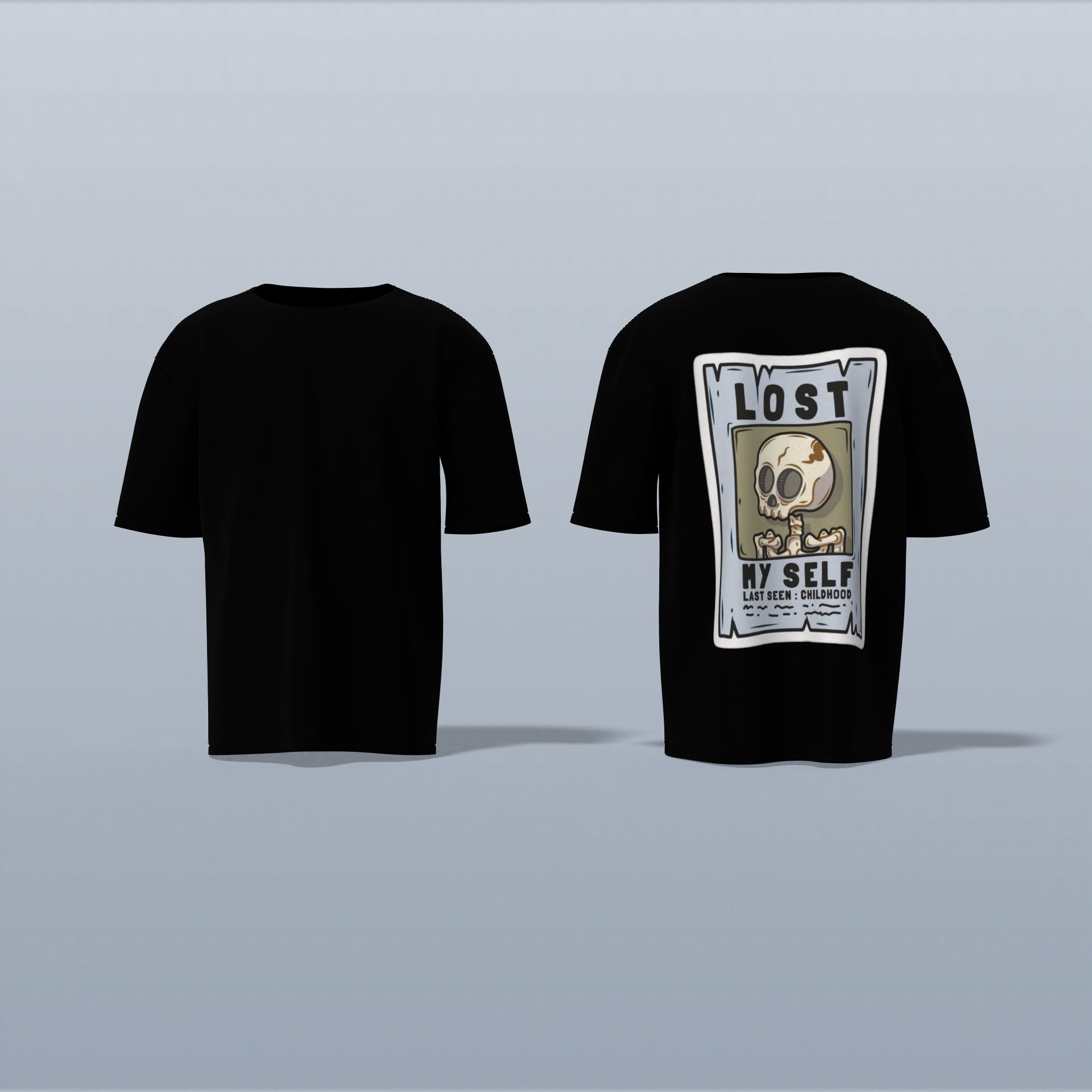 "Lost Myself Oversized Graphic Tee – Vintage Poster-Inspired Skeleton Art with Dark Humor and Nostalgic Vibes"