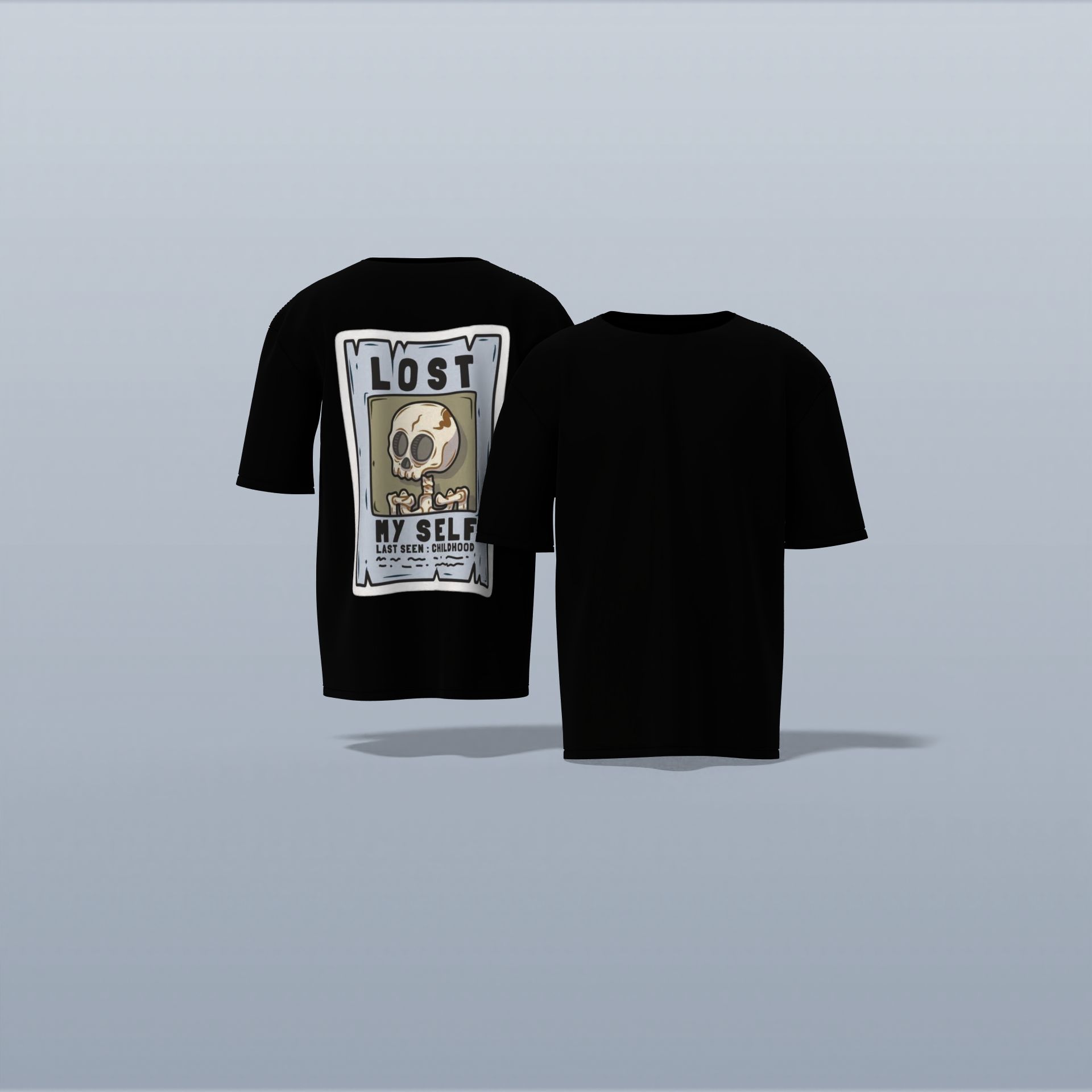 "Lost Myself Oversized Graphic Tee – Vintage Poster-Inspired Skeleton Art with Dark Humor and Nostalgic Vibes"