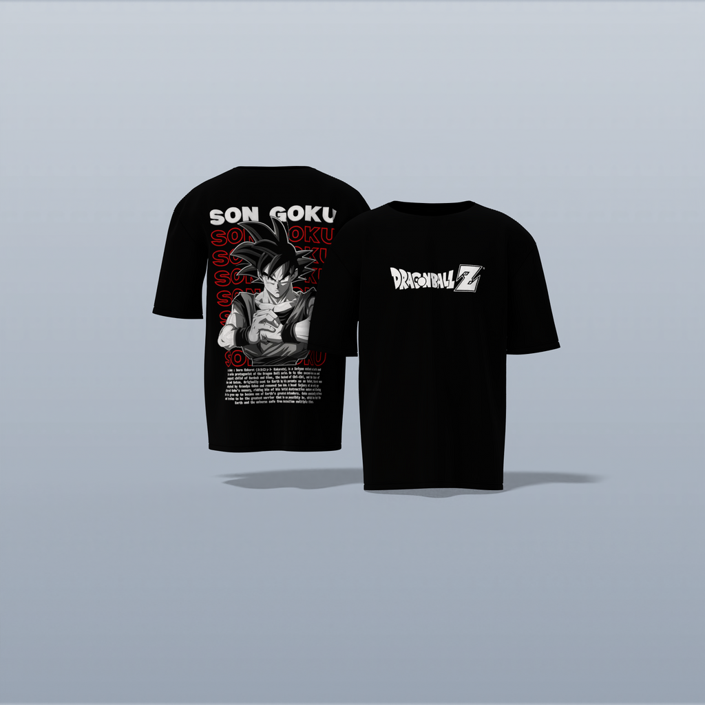 "Epic Son Goku Dragon Ball Z Oversized Graphic Tee – Iconic Anime Artwork with Bold Typography and Character Backstory"