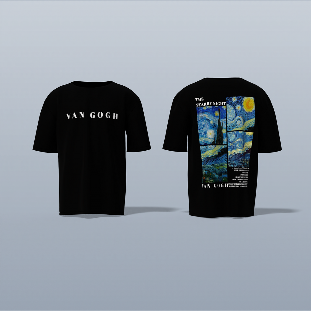 "Van Gogh Starry Night Artistic Graphic Tee – Split Panel Design Featuring Iconic Masterpiece with Modern Typography"