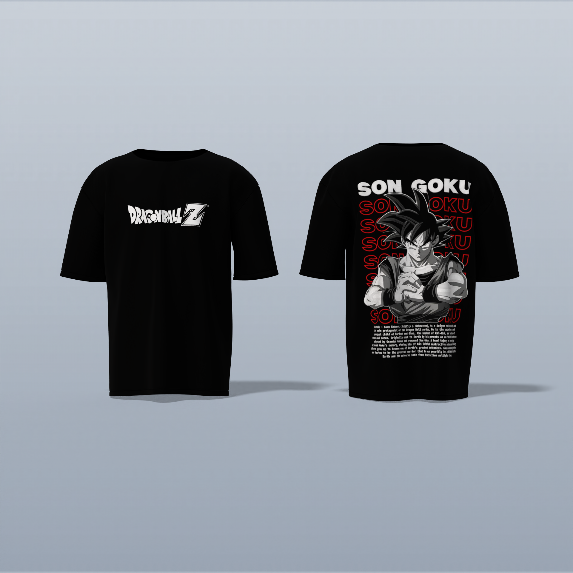 "Epic Son Goku Dragon Ball Z Oversized Graphic Tee – Iconic Anime Artwork with Bold Typography and Character Backstory"