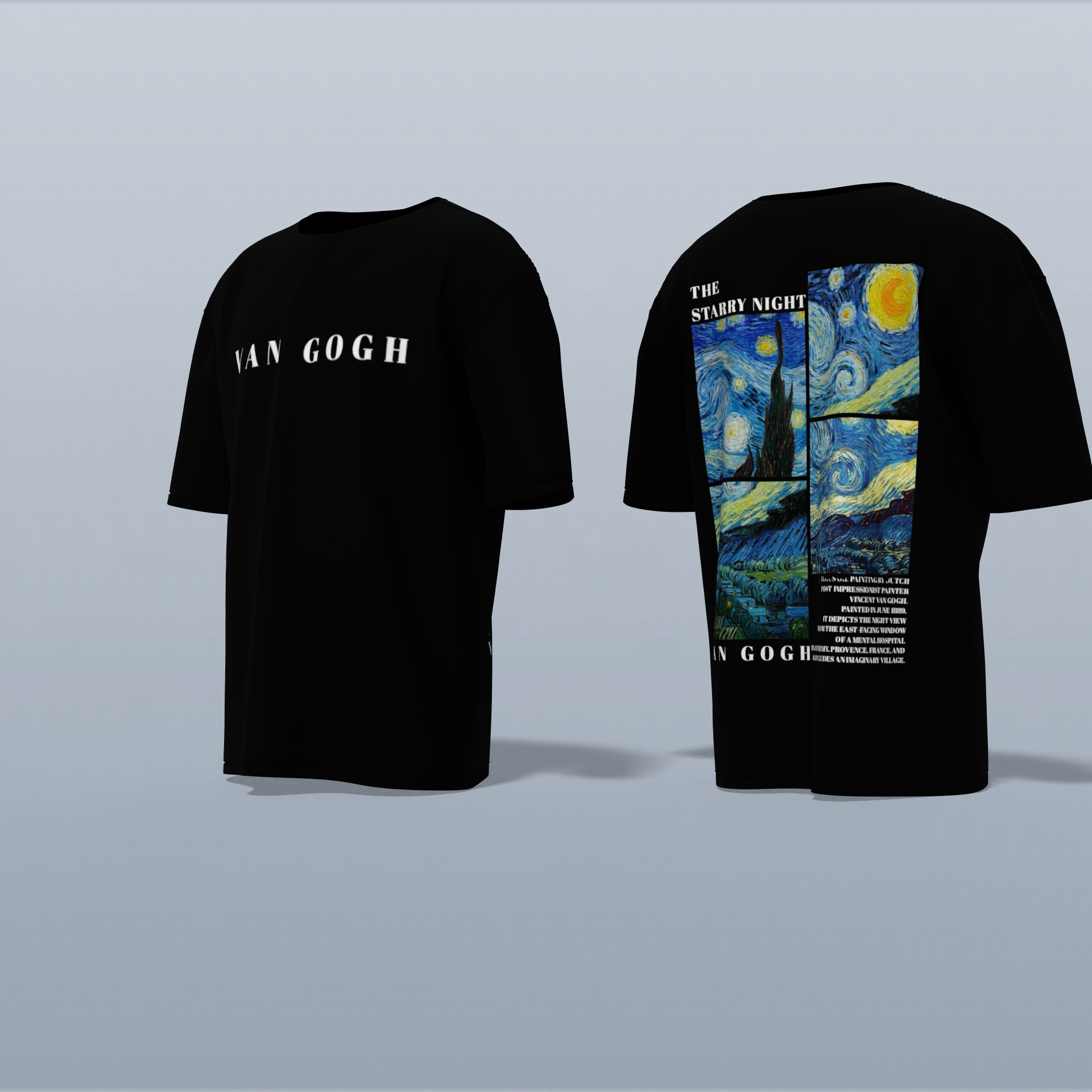 "Van Gogh Starry Night Artistic Graphic Tee – Split Panel Design Featuring Iconic Masterpiece with Modern Typography"