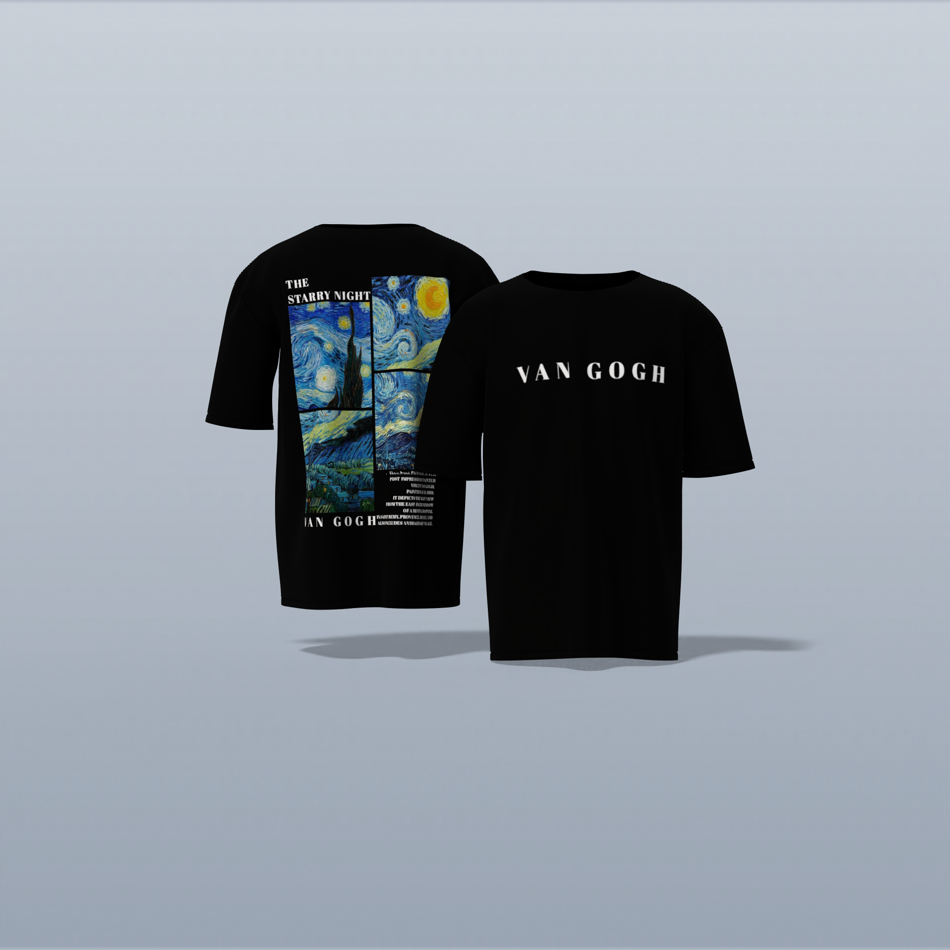 "Van Gogh Starry Night Artistic Graphic Tee – Split Panel Design Featuring Iconic Masterpiece with Modern Typography"