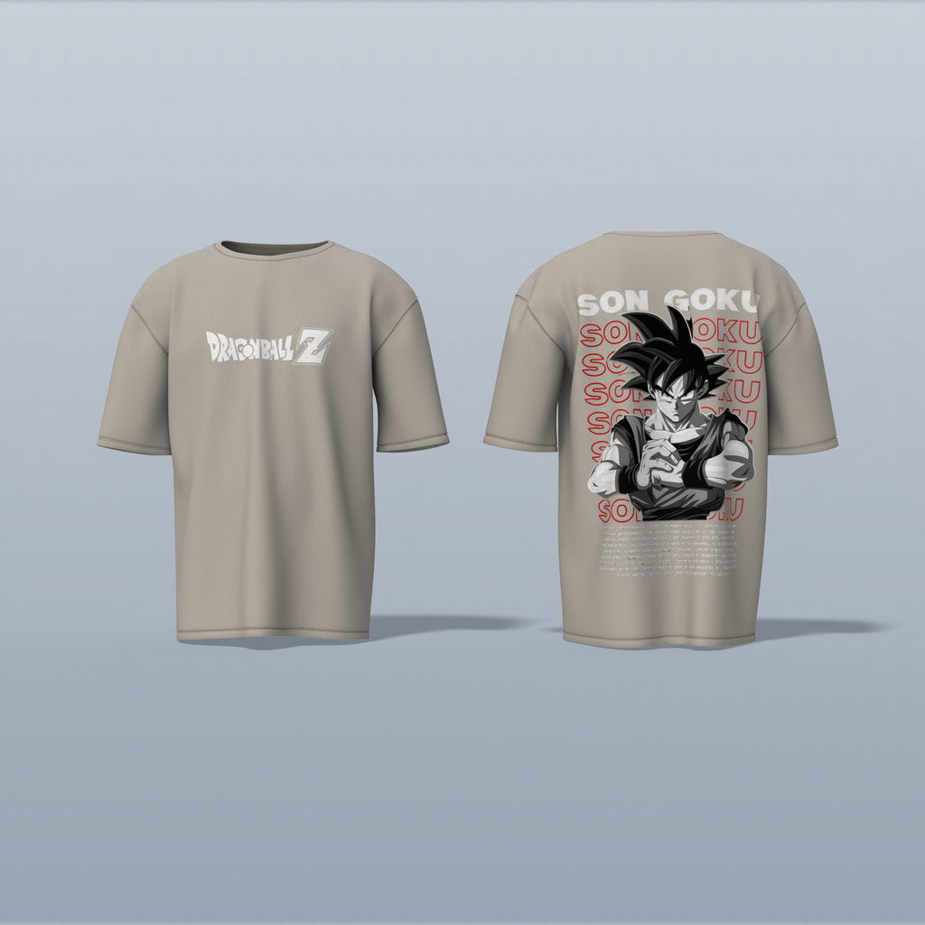 "Epic Son Goku Dragon Ball Z Oversized Graphic Tee – Iconic Anime Artwork with Bold Typography and Character Backstory"