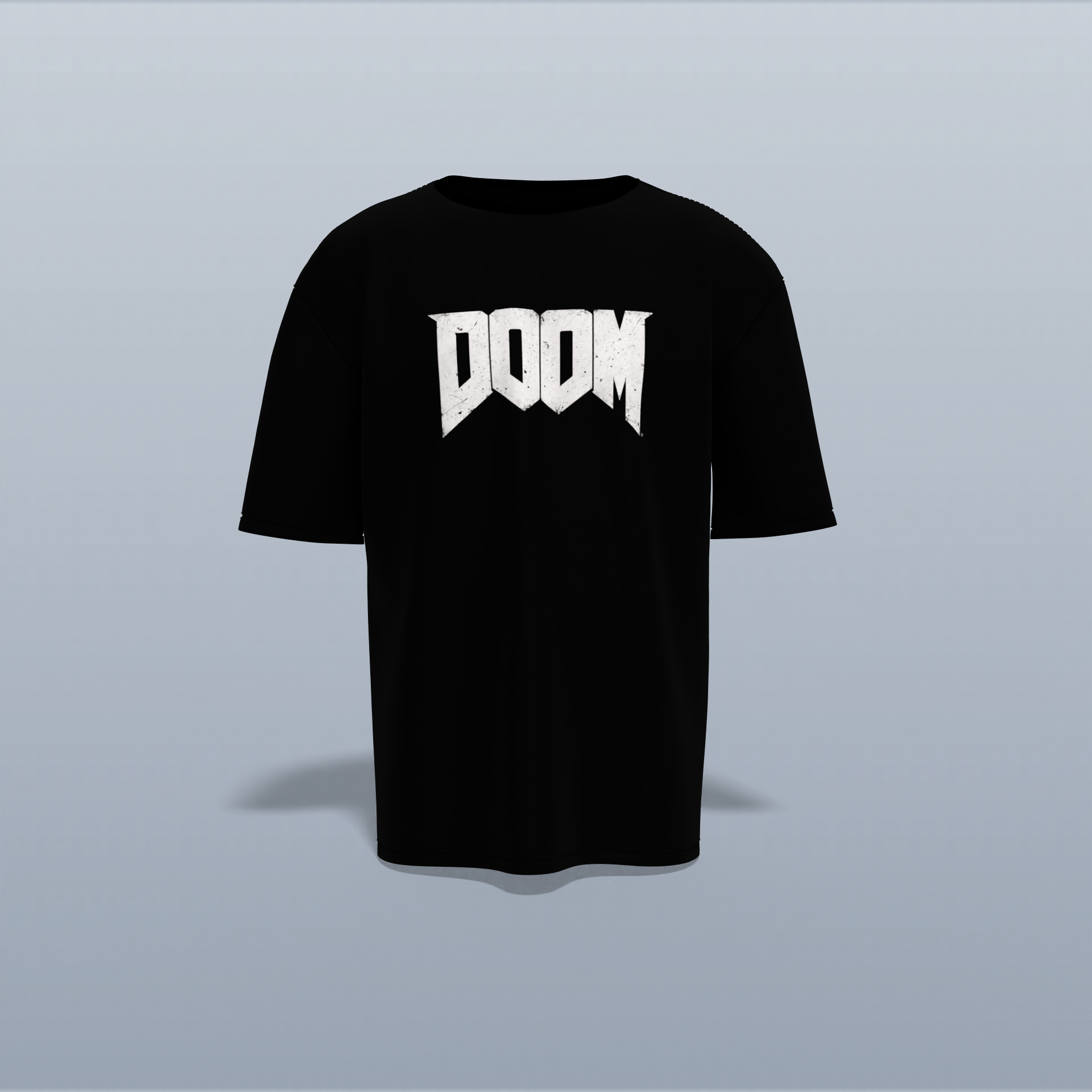 Graphic T-Shirt Featuring “DOOM” Bold Front Text and Dr. Doom Illustration with “DOOM HAS NO RIVALS! NONE!” Slogan on the Back