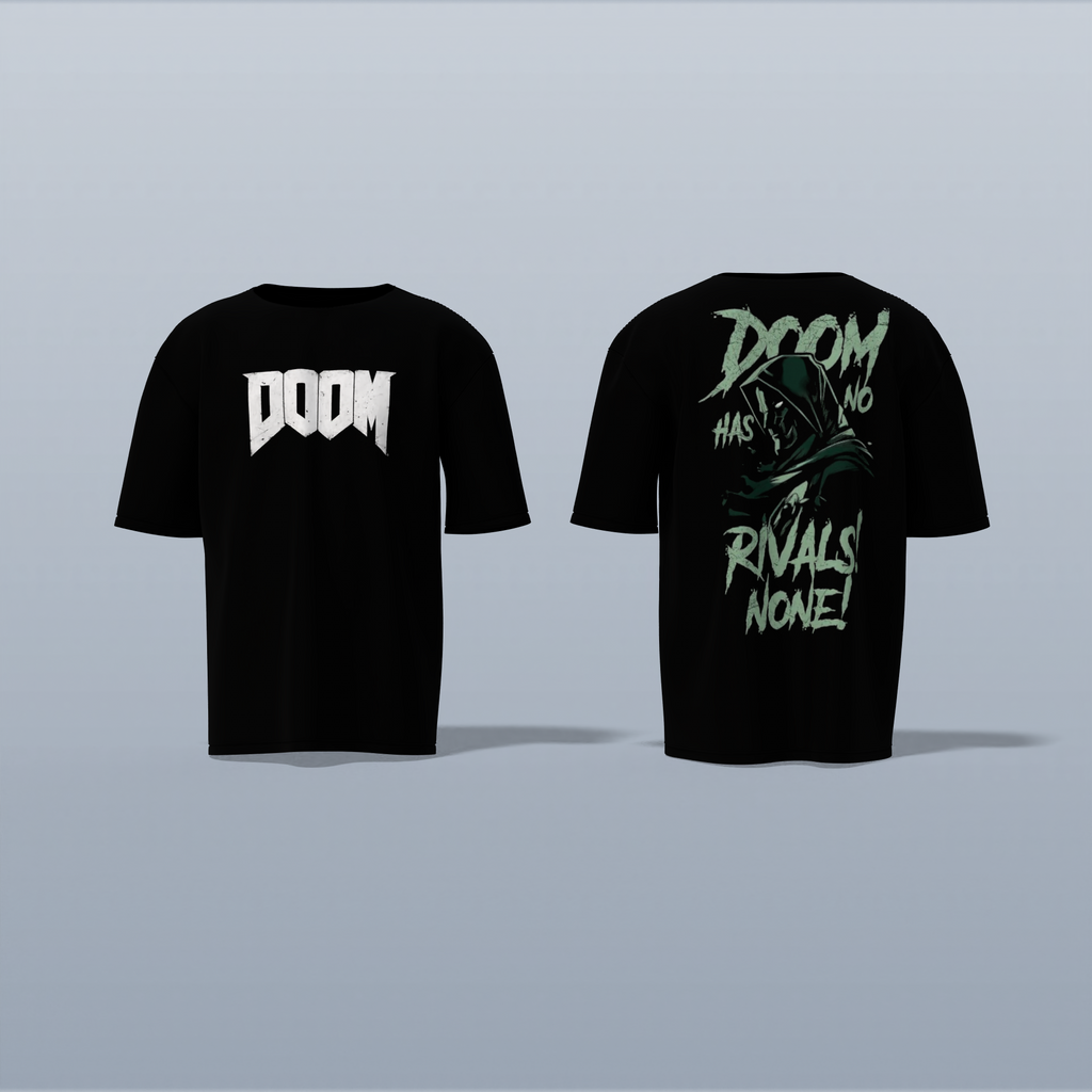 Graphic T-Shirt Featuring “DOOM” Bold Front Text and Dr. Doom Illustration with “DOOM HAS NO RIVALS! NONE!” Slogan on the Back