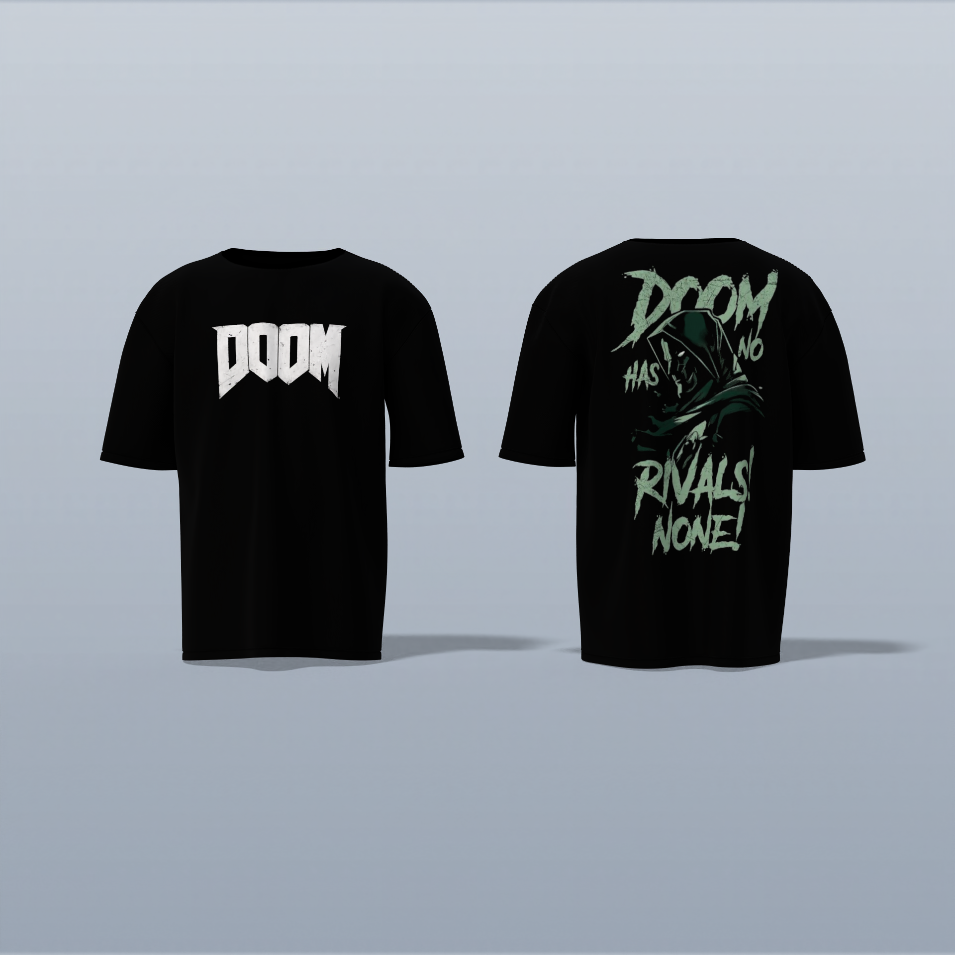 Graphic T-Shirt Featuring “DOOM” Bold Front Text and Dr. Doom Illustration with “DOOM HAS NO RIVALS! NONE!” Slogan on the Back