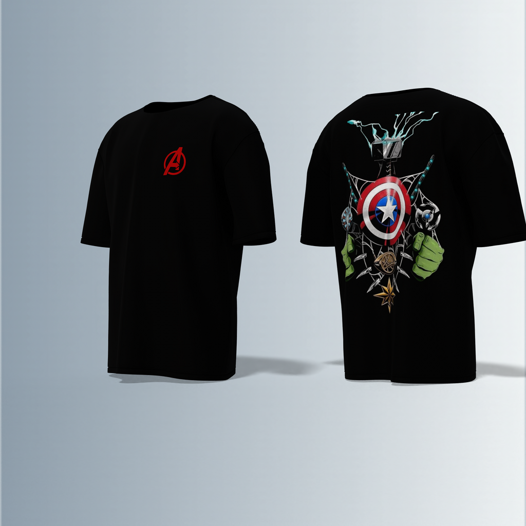 Oversized Unisex T-Shirt with Front Avengers Logo and Back Graphic Featuring Hero Icons – Captain America's Shield, Thor’s Mjolnir, Iron Man’s Arc Reactor, Hulk’s Fist, and More