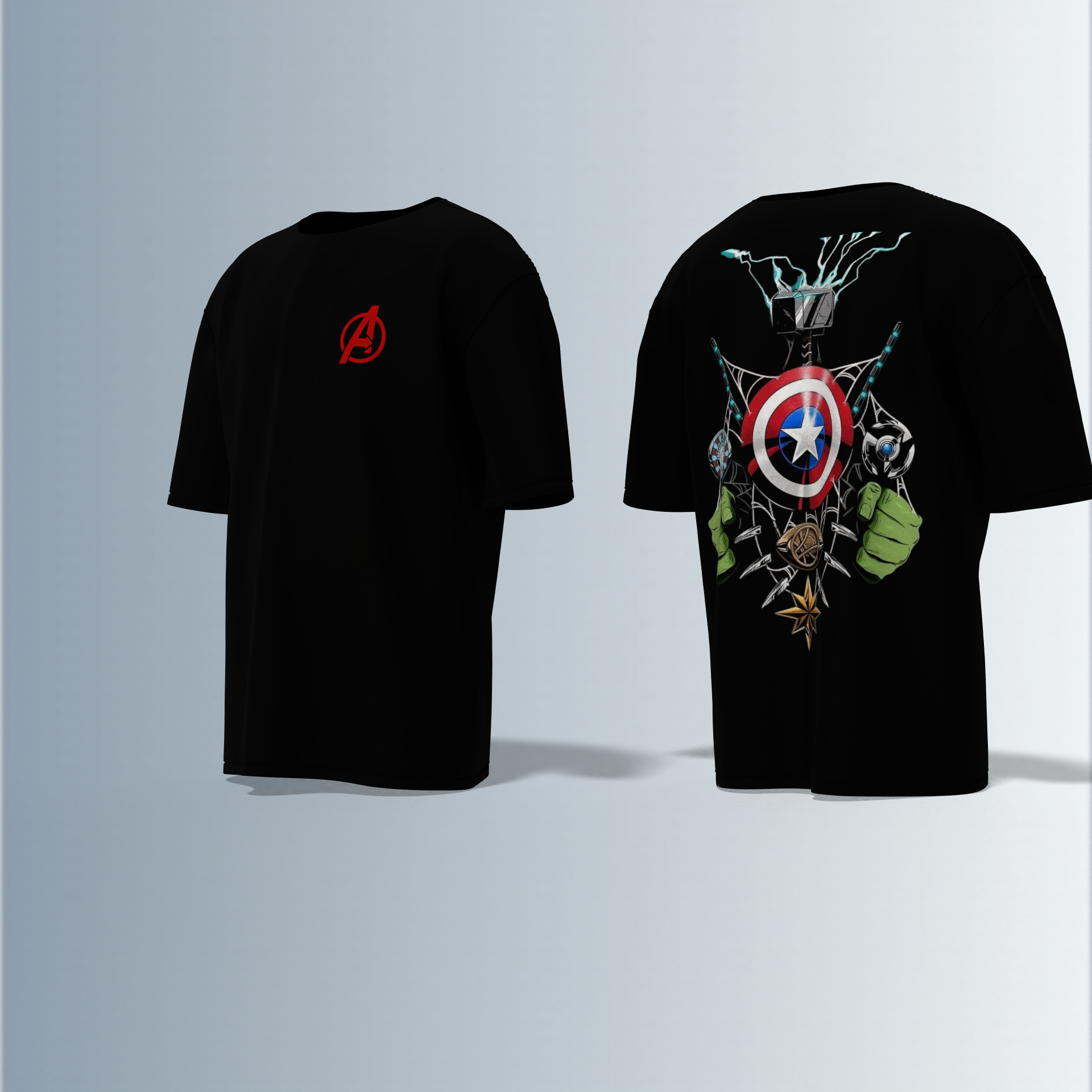 Oversized Unisex T-Shirt with Front Avengers Logo and Back Graphic Featuring Hero Icons – Captain America's Shield, Thor’s Mjolnir, Iron Man’s Arc Reactor, Hulk’s Fist, and More