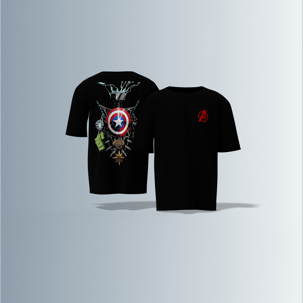 Oversized Unisex T-Shirt with Front Avengers Logo and Back Graphic Featuring Hero Icons – Captain America's Shield, Thor’s Mjolnir, Iron Man’s Arc Reactor, Hulk’s Fist, and More