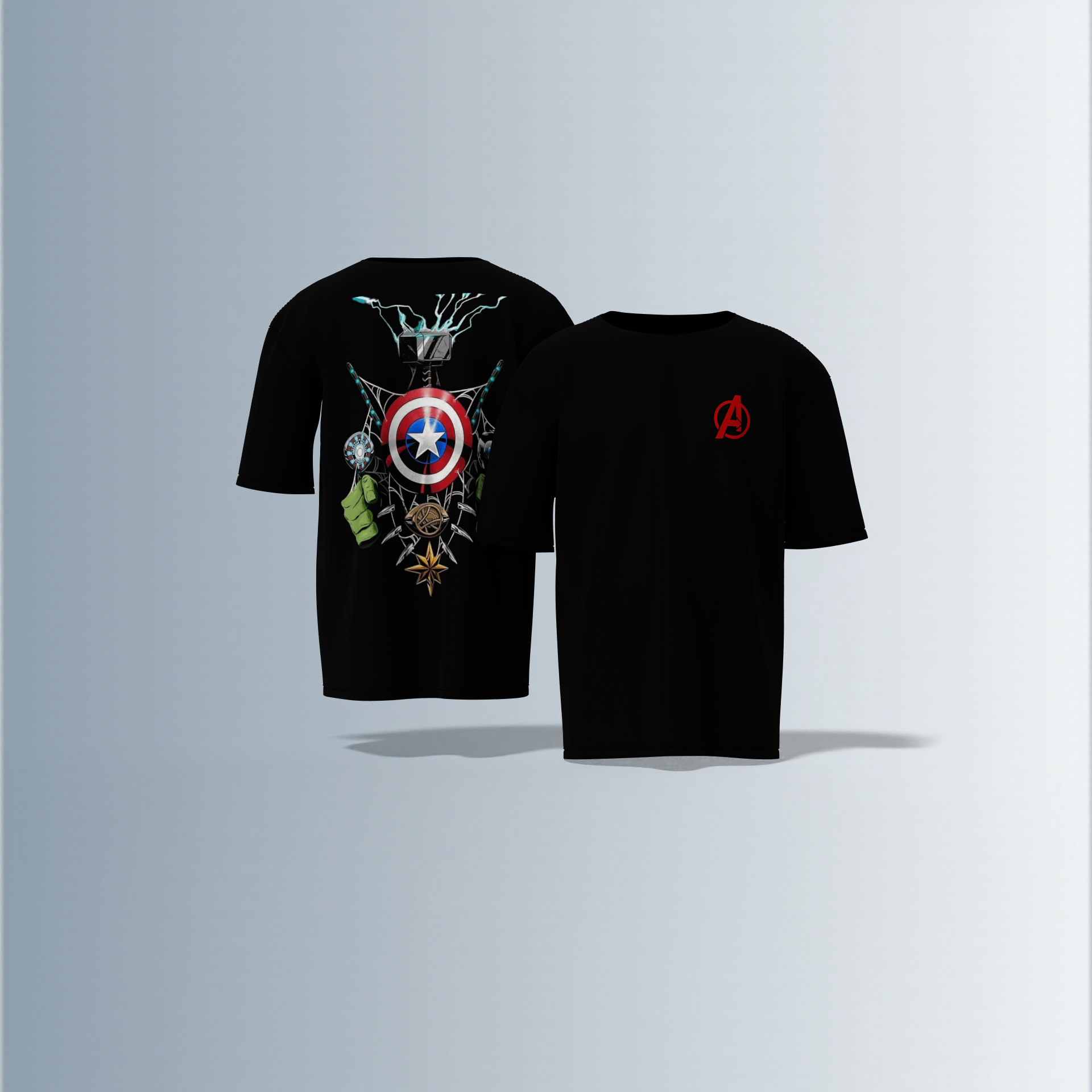Oversized Unisex T-Shirt with Front Avengers Logo and Back Graphic Featuring Hero Icons – Captain America's Shield, Thor’s Mjolnir, Iron Man’s Arc Reactor, Hulk’s Fist, and More