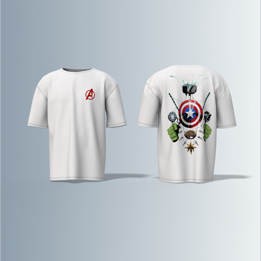 Oversized Unisex T-Shirt with Front Avengers Logo and Back Graphic Featuring Hero Icons – Captain America's Shield, Thor’s Mjolnir, Iron Man’s Arc Reactor, Hulk’s Fist, and More