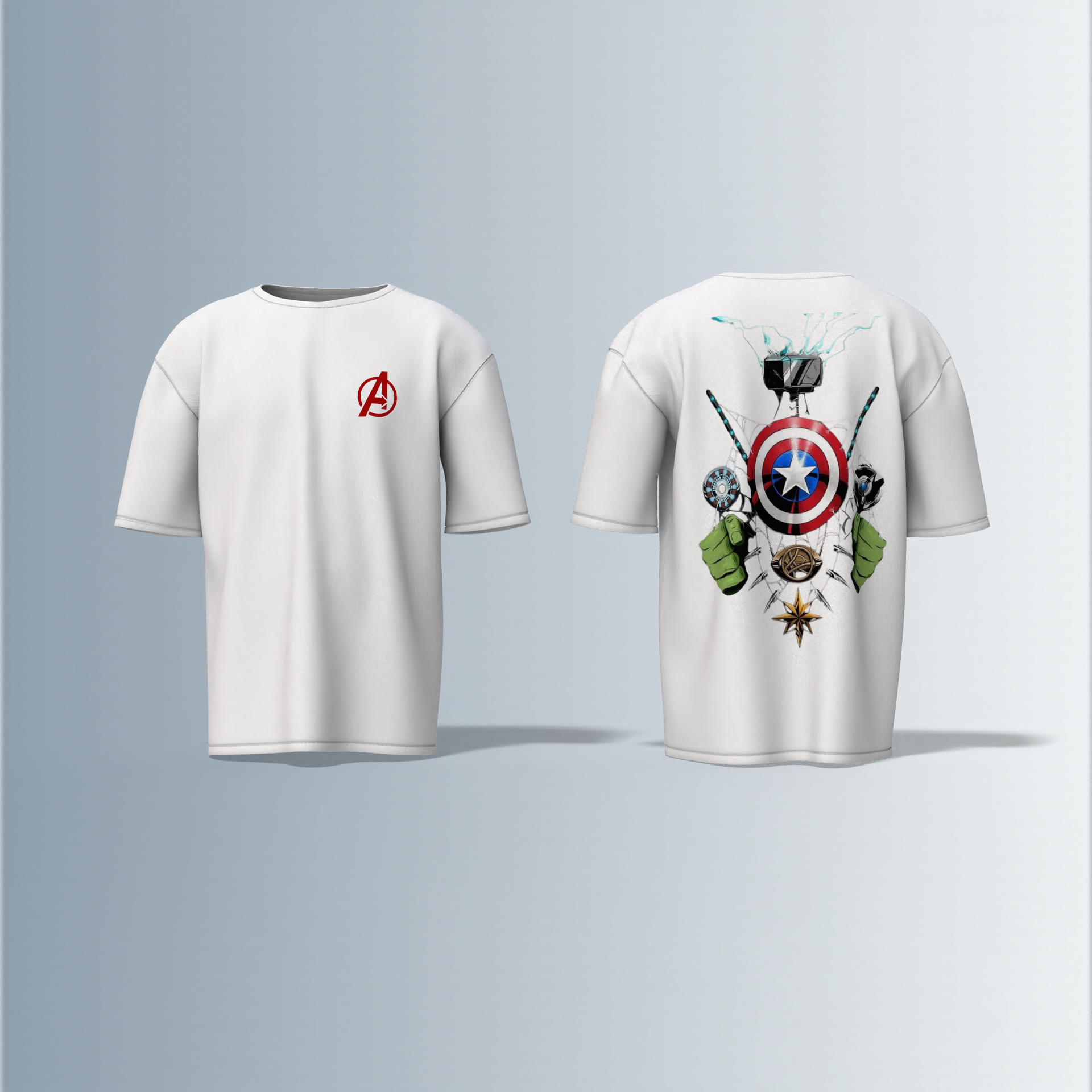 Oversized Unisex T-Shirt with Front Avengers Logo and Back Graphic Featuring Hero Icons – Captain America's Shield, Thor’s Mjolnir, Iron Man’s Arc Reactor, Hulk’s Fist, and More