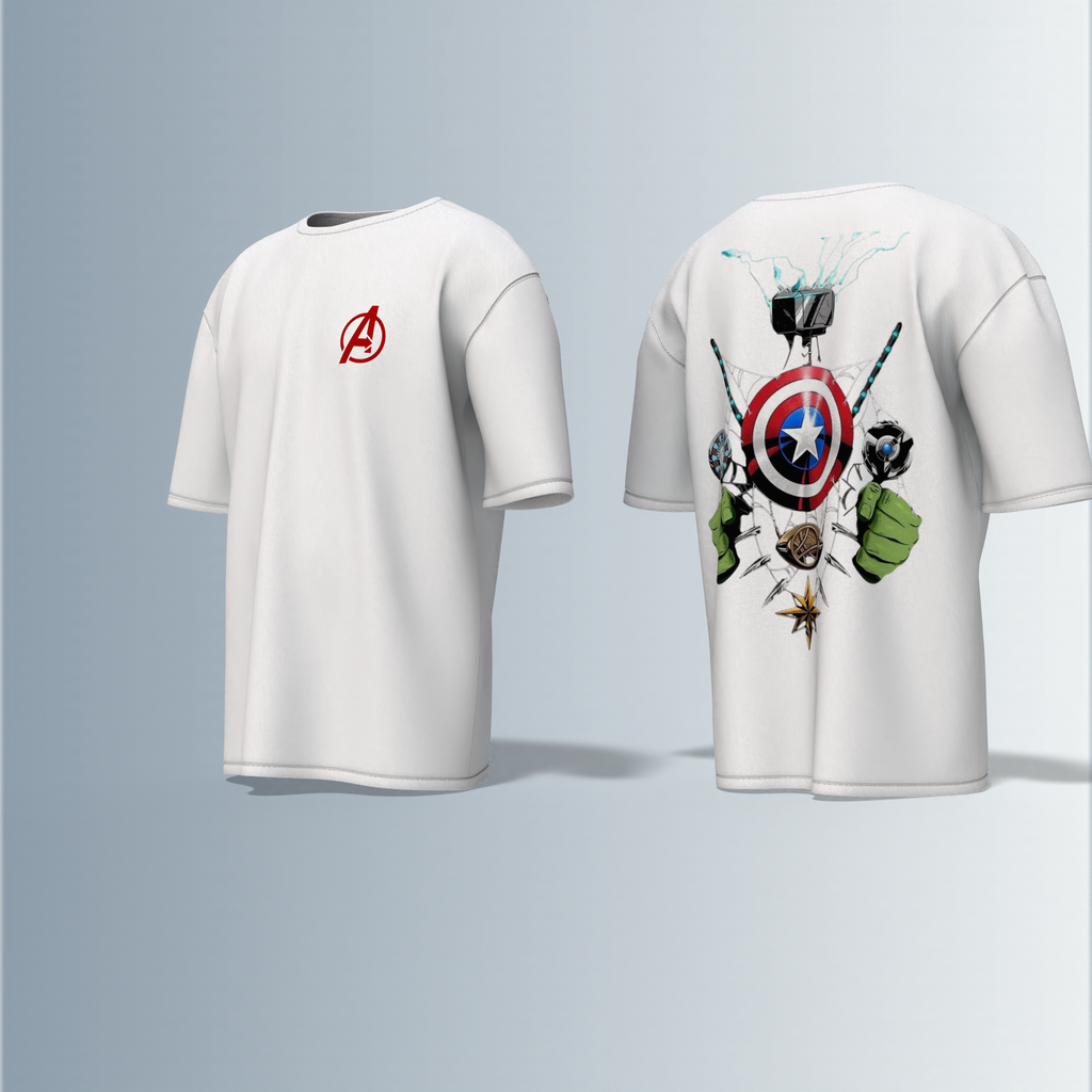 Oversized Unisex T-Shirt with Front Avengers Logo and Back Graphic Featuring Hero Icons – Captain America's Shield, Thor’s Mjolnir, Iron Man’s Arc Reactor, Hulk’s Fist, and More