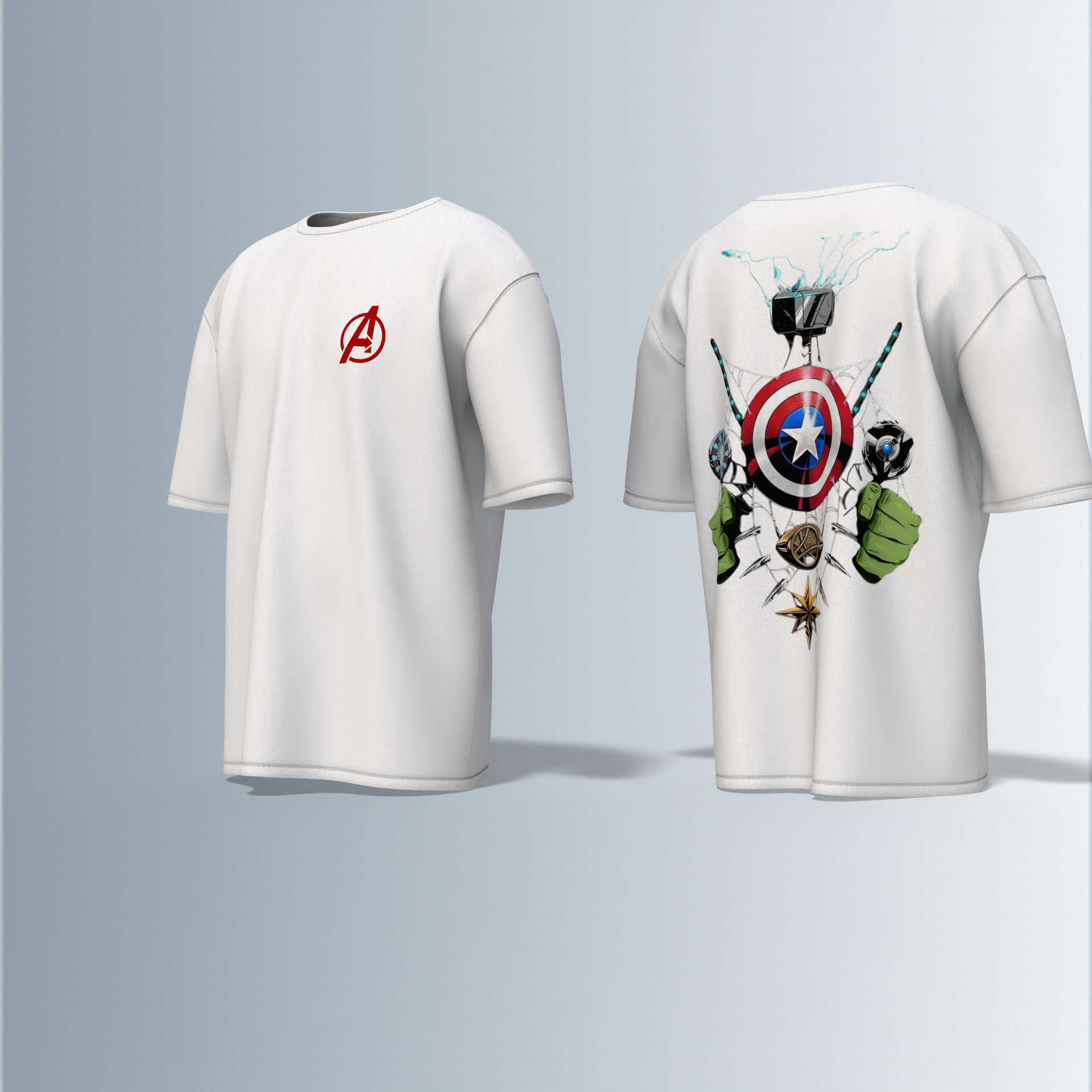 Oversized Unisex T-Shirt with Front Avengers Logo and Back Graphic Featuring Hero Icons – Captain America's Shield, Thor’s Mjolnir, Iron Man’s Arc Reactor, Hulk’s Fist, and More
