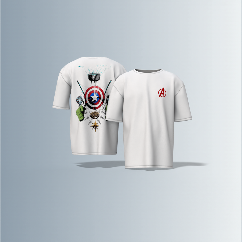 Oversized Unisex T-Shirt with Front Avengers Logo and Back Graphic Featuring Hero Icons – Captain America's Shield, Thor’s Mjolnir, Iron Man’s Arc Reactor, Hulk’s Fist, and More