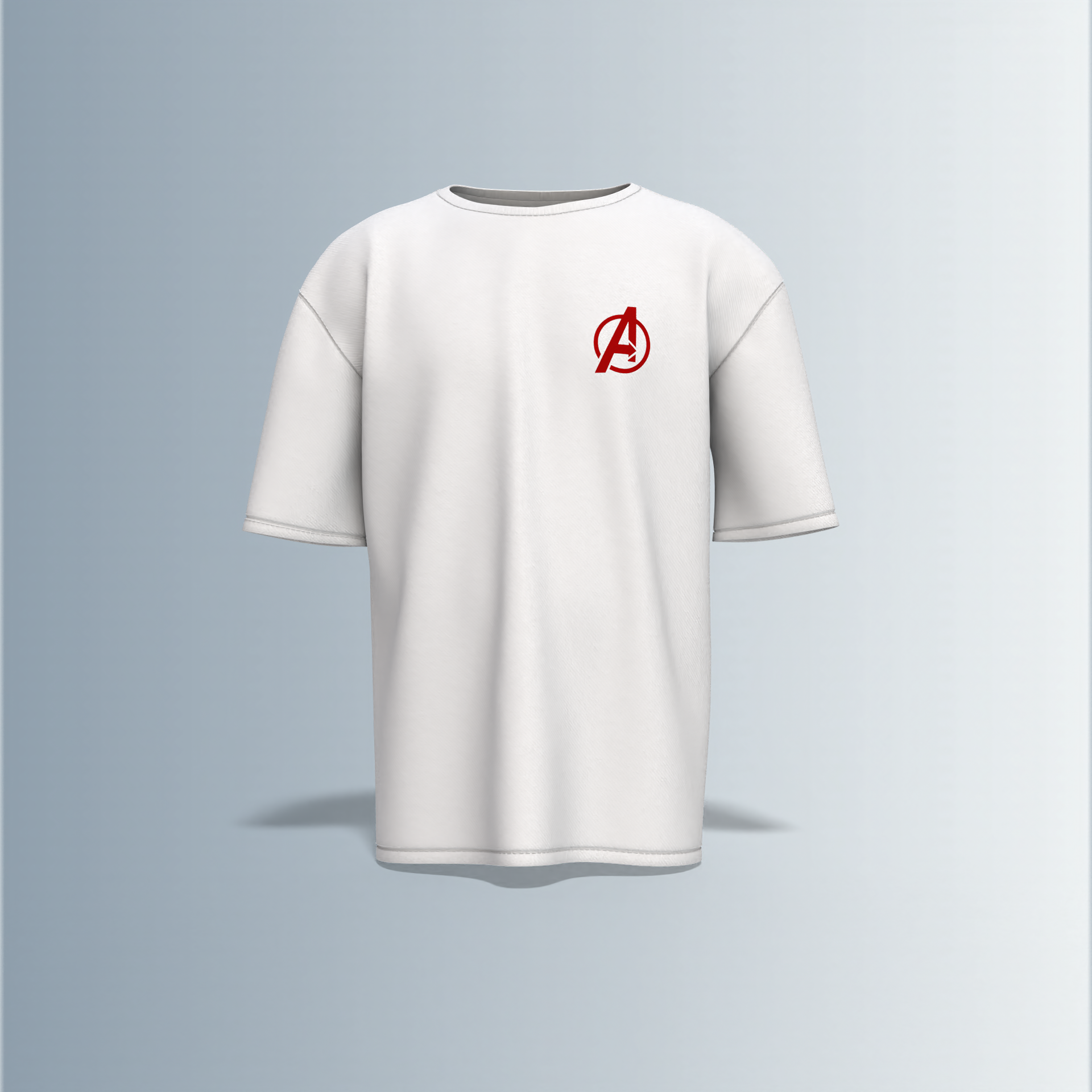 Oversized Unisex T-Shirt with Front Avengers Logo and Back Graphic Featuring Hero Icons – Captain America's Shield, Thor’s Mjolnir, Iron Man’s Arc Reactor, Hulk’s Fist, and More