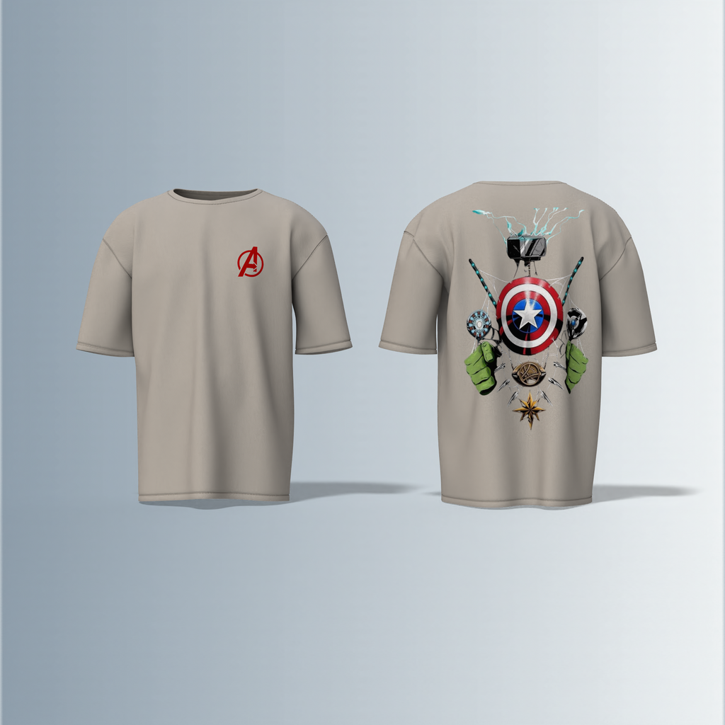 Oversized Unisex T-Shirt with Front Avengers Logo and Back Graphic Featuring Hero Icons – Captain America's Shield, Thor’s Mjolnir, Iron Man’s Arc Reactor, Hulk’s Fist, and More
