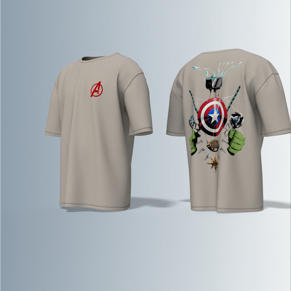 Oversized Unisex T-Shirt with Front Avengers Logo and Back Graphic Featuring Hero Icons – Captain America's Shield, Thor’s Mjolnir, Iron Man’s Arc Reactor, Hulk’s Fist, and More