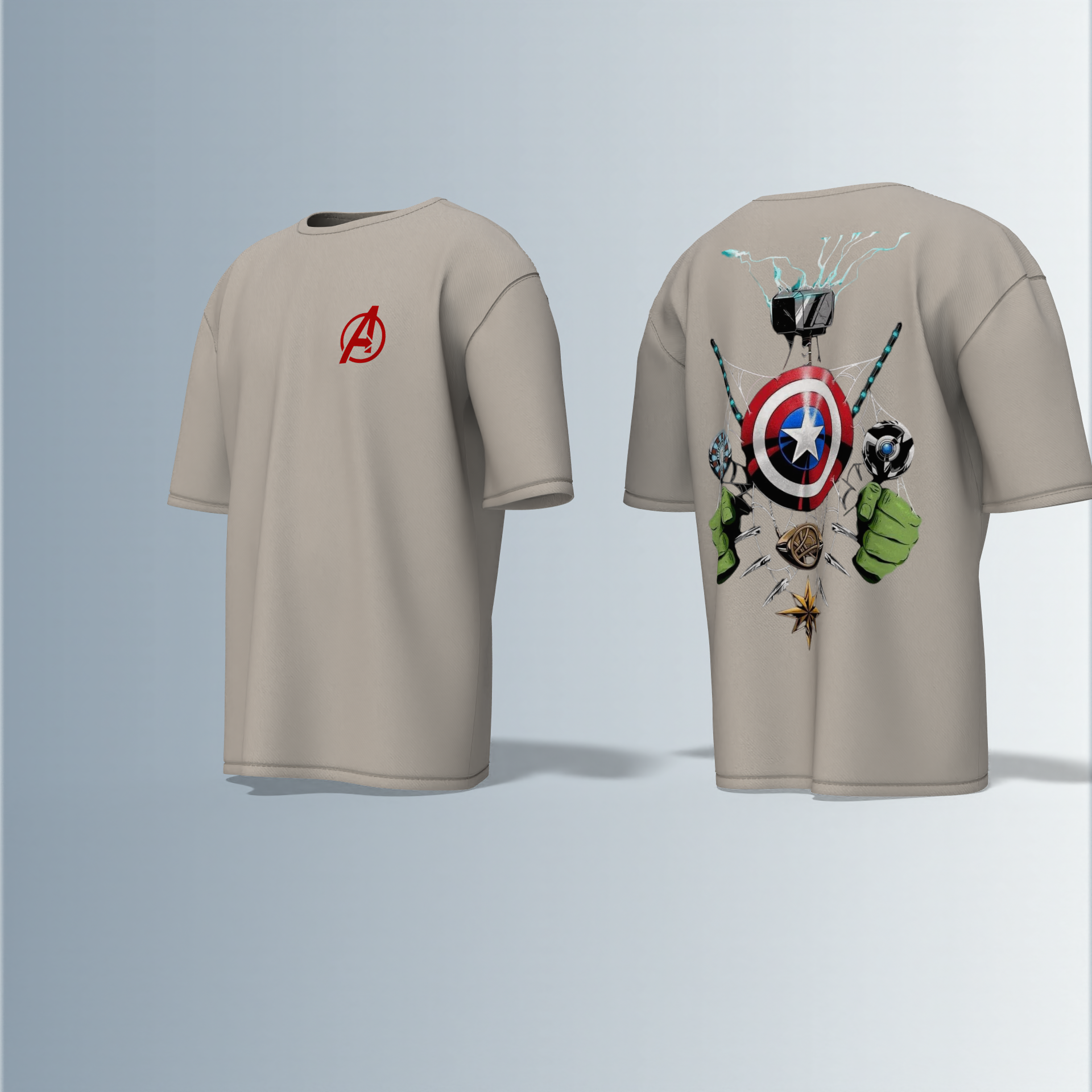 Oversized Unisex T-Shirt with Front Avengers Logo and Back Graphic Featuring Hero Icons – Captain America's Shield, Thor’s Mjolnir, Iron Man’s Arc Reactor, Hulk’s Fist, and More