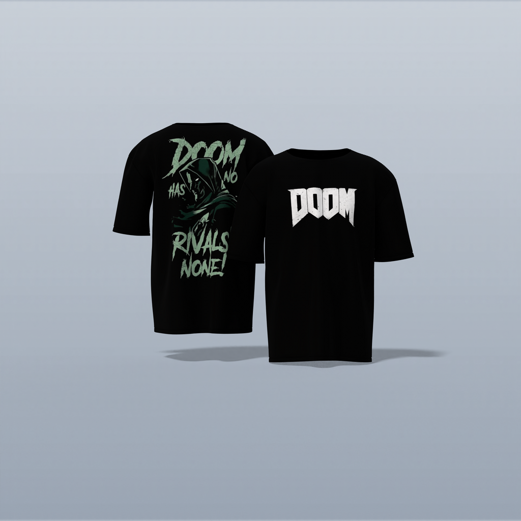 Graphic T-Shirt Featuring “DOOM” Bold Front Text and Dr. Doom Illustration with “DOOM HAS NO RIVALS! NONE!” Slogan on the Back