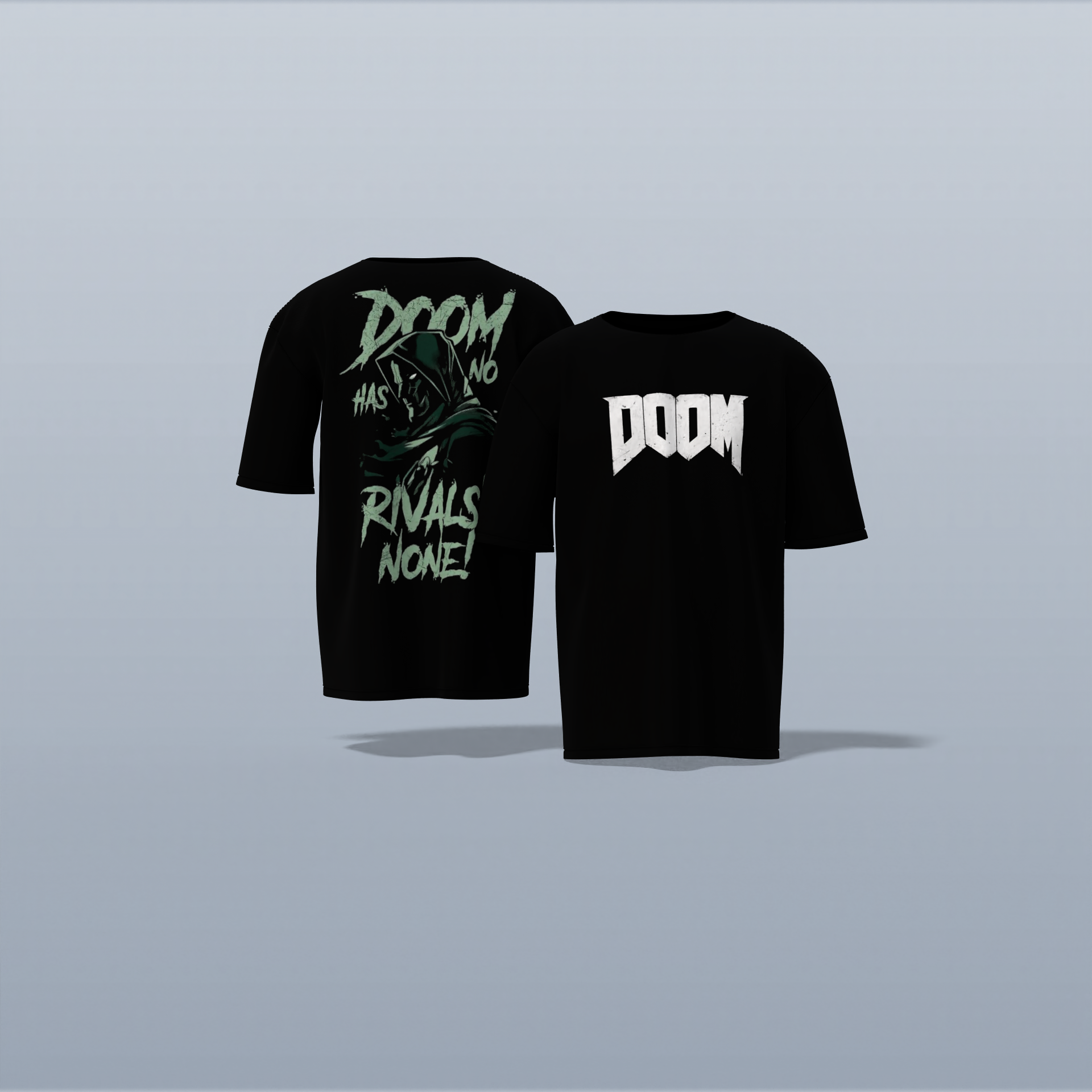 Graphic T-Shirt Featuring “DOOM” Bold Front Text and Dr. Doom Illustration with “DOOM HAS NO RIVALS! NONE!” Slogan on the Back