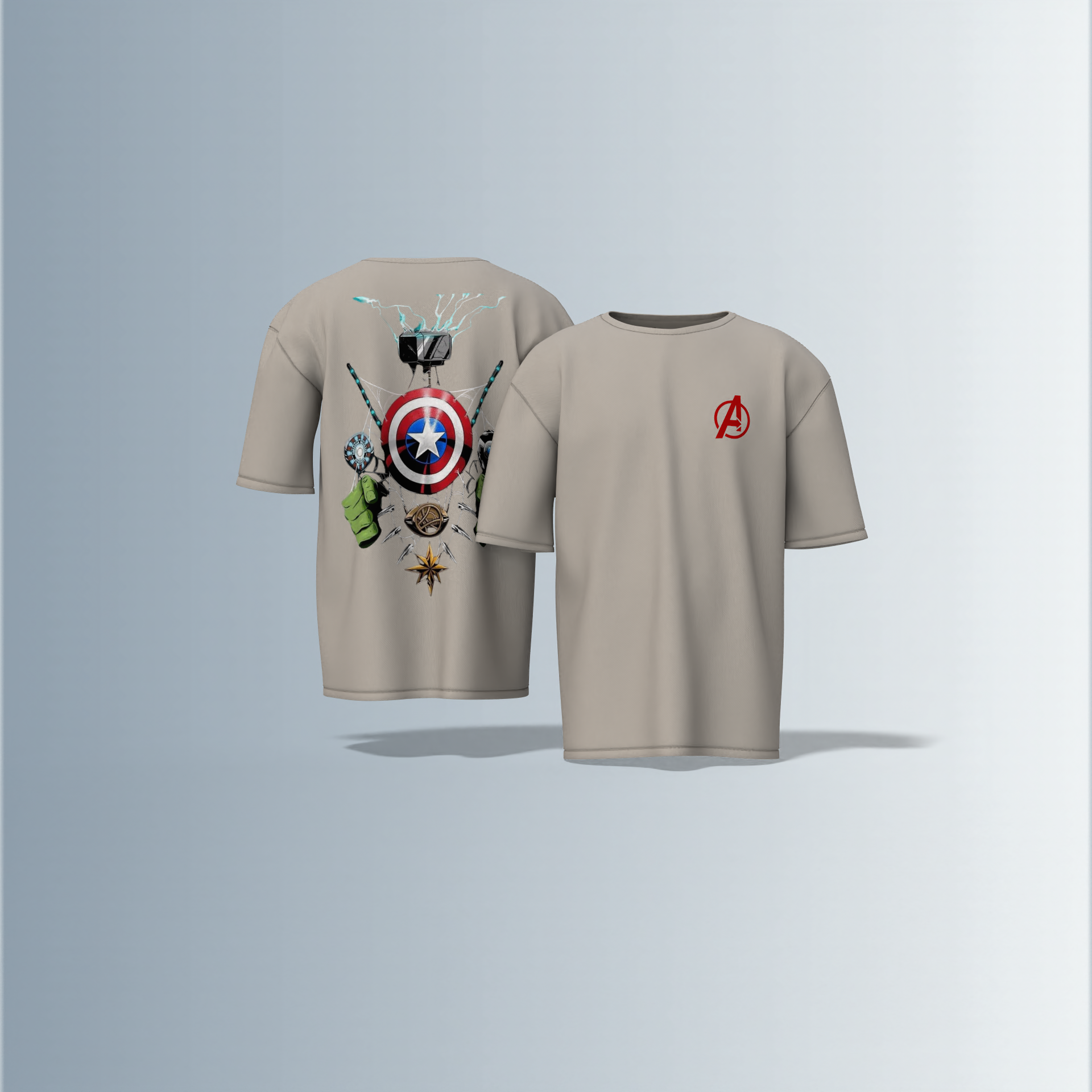 Oversized Unisex T-Shirt with Front Avengers Logo and Back Graphic Featuring Hero Icons – Captain America's Shield, Thor’s Mjolnir, Iron Man’s Arc Reactor, Hulk’s Fist, and More