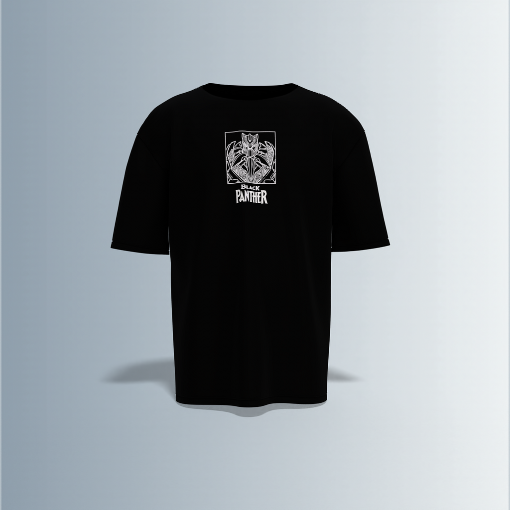 Oversized Drop-Shoulder T-Shirt Featuring Minimalist Front “Black Panther” Line Art and Bold Mech-Armor Panther Graphic on the Back with Futuristic Design Elements
