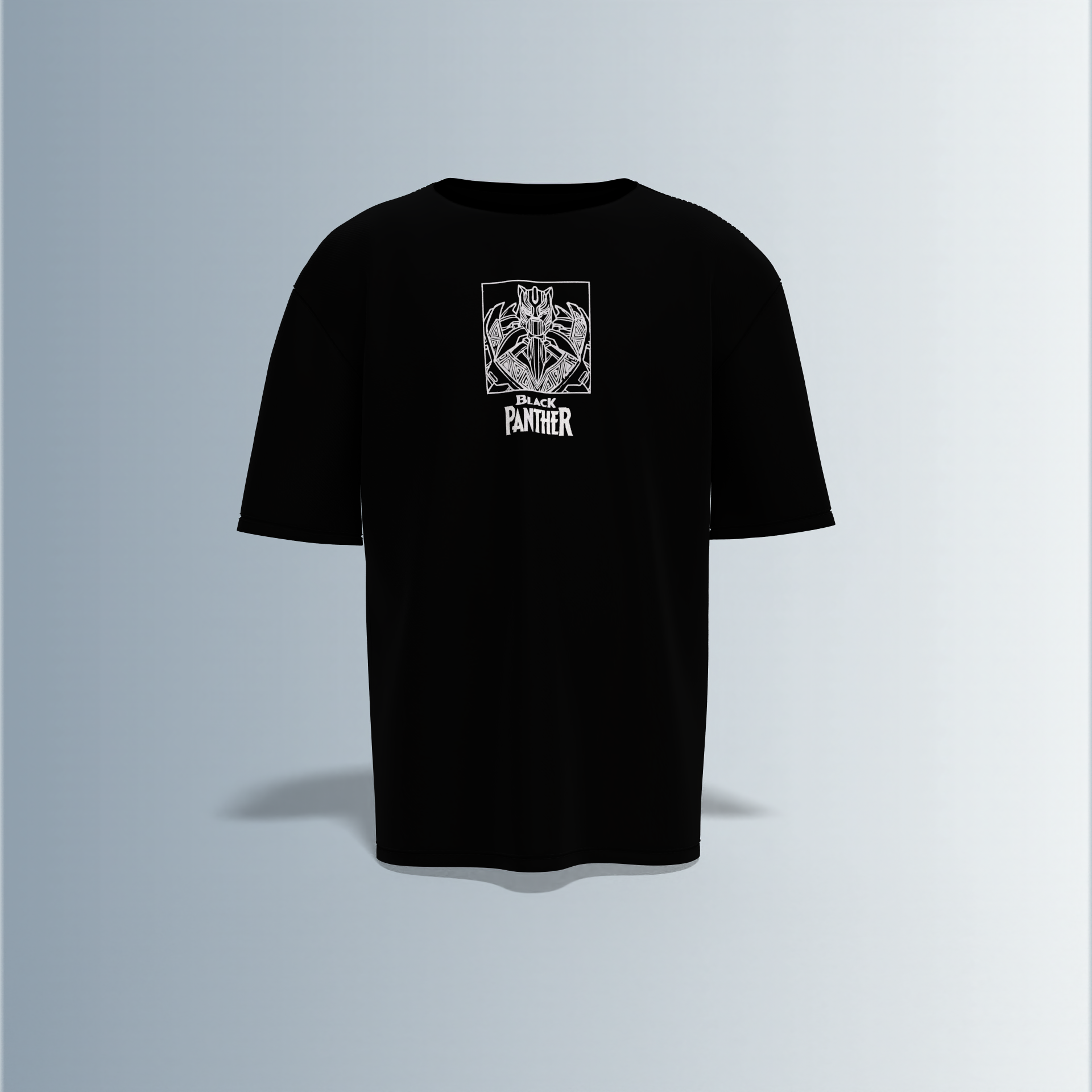 Oversized Drop-Shoulder T-Shirt Featuring Minimalist Front “Black Panther” Line Art and Bold Mech-Armor Panther Graphic on the Back with Futuristic Design Elements