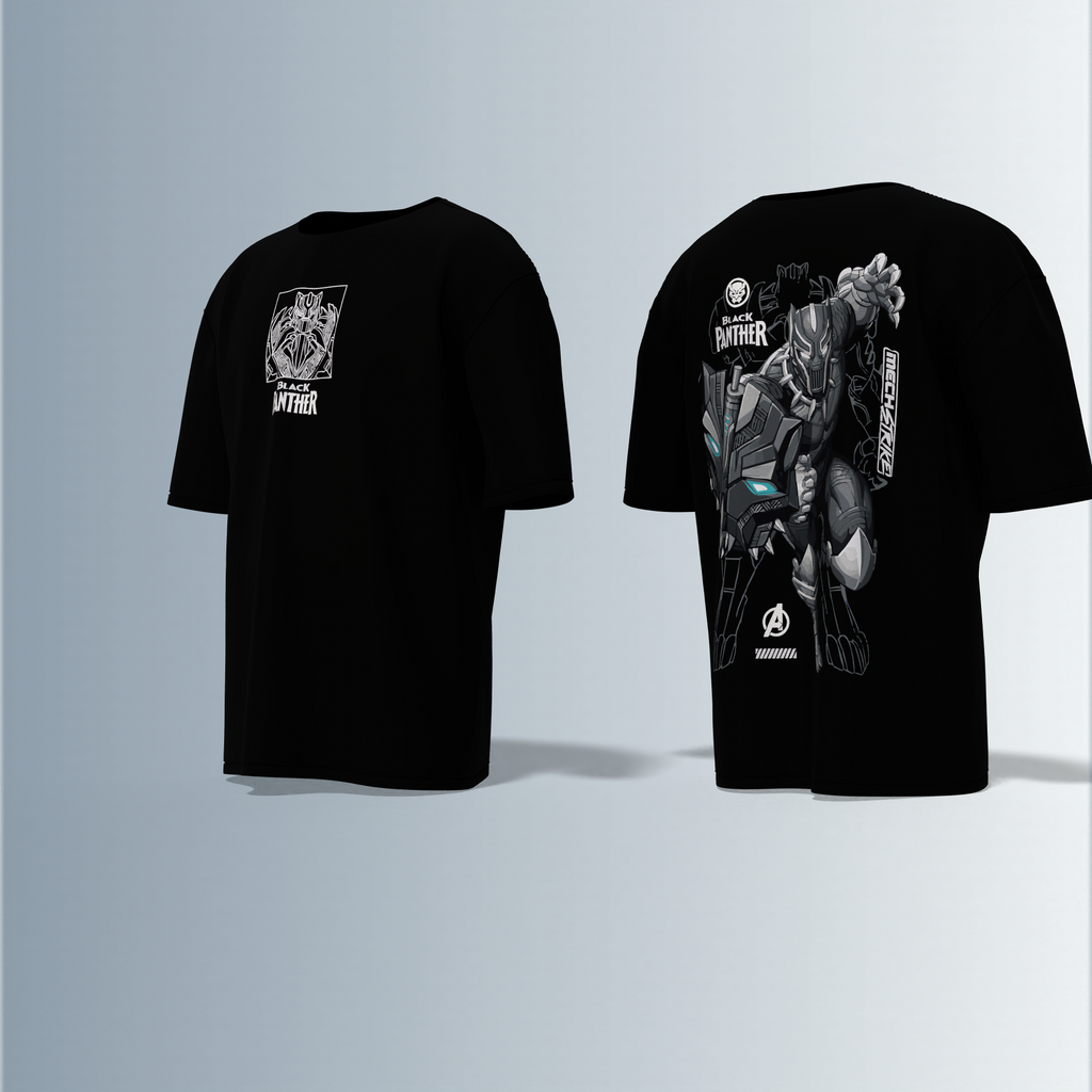 Oversized Drop-Shoulder T-Shirt Featuring Minimalist Front “Black Panther” Line Art and Bold Mech-Armor Panther Graphic on the Back with Futuristic Design Elements