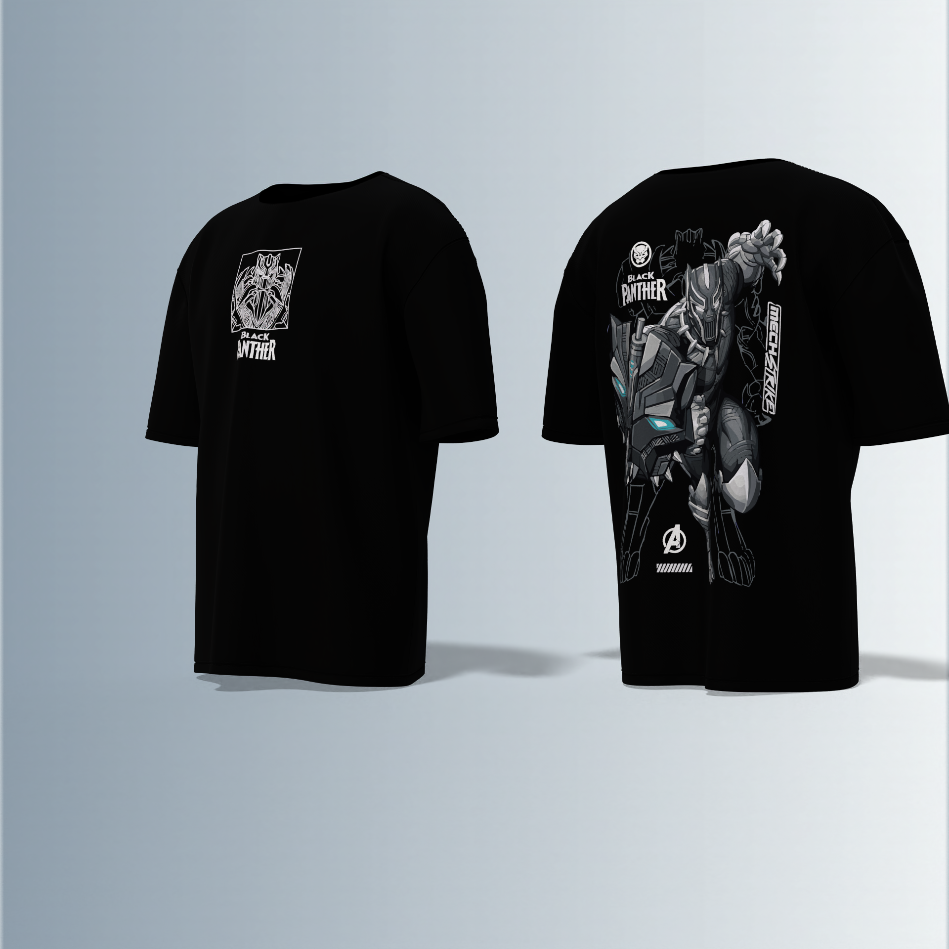 Oversized Drop-Shoulder T-Shirt Featuring Minimalist Front “Black Panther” Line Art and Bold Mech-Armor Panther Graphic on the Back with Futuristic Design Elements