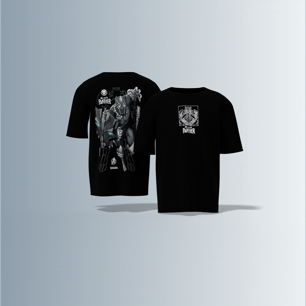 Oversized Drop-Shoulder T-Shirt Featuring Minimalist Front “Black Panther” Line Art and Bold Mech-Armor Panther Graphic on the Back with Futuristic Design Elements