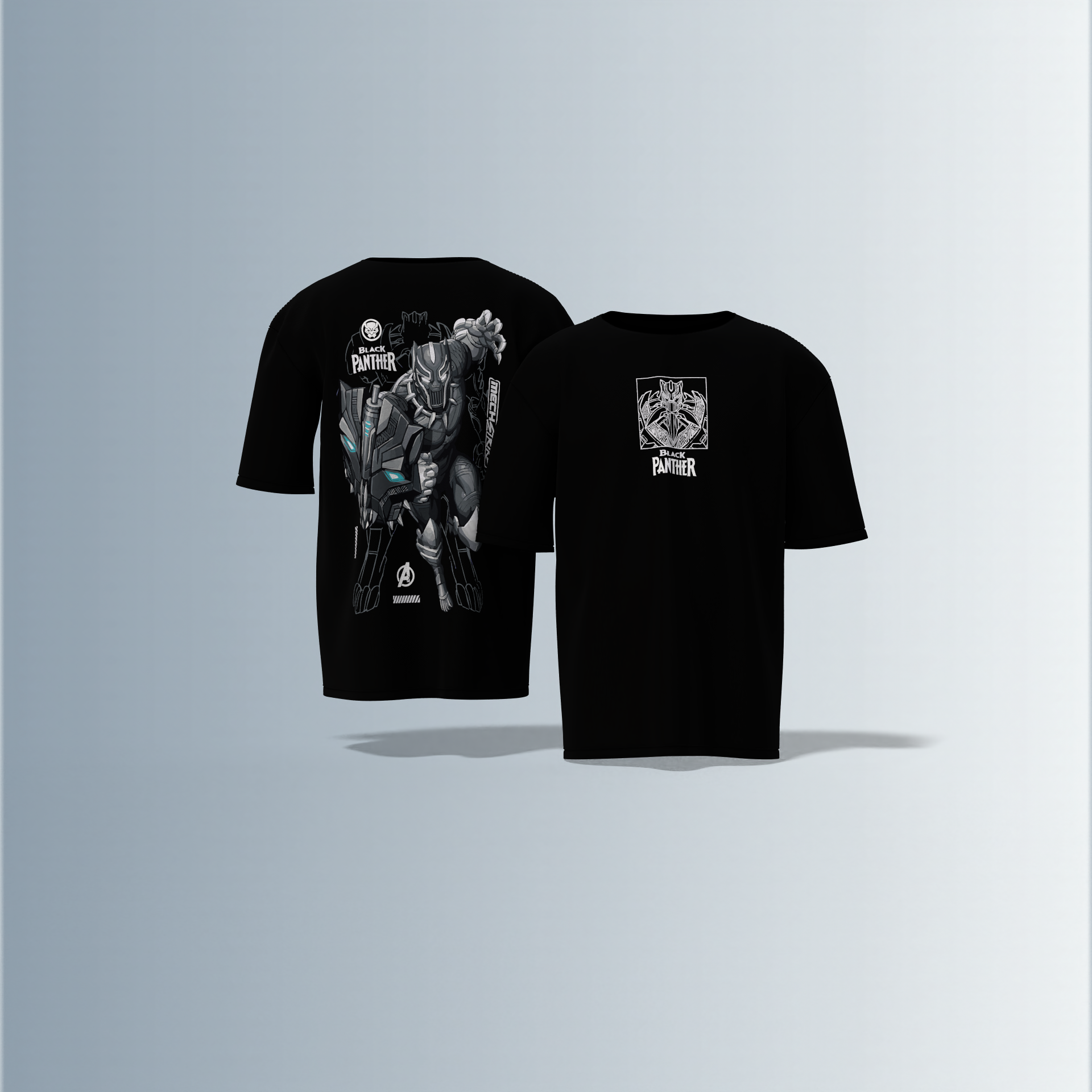 Oversized Drop-Shoulder T-Shirt Featuring Minimalist Front “Black Panther” Line Art and Bold Mech-Armor Panther Graphic on the Back with Futuristic Design Elements