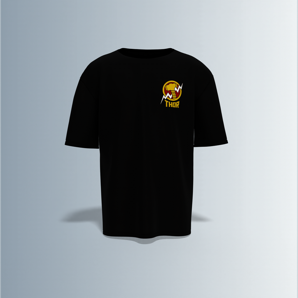 "Thor Graphic T-shirt Design with Bold Front Logo and Vibrant Back Artwork"