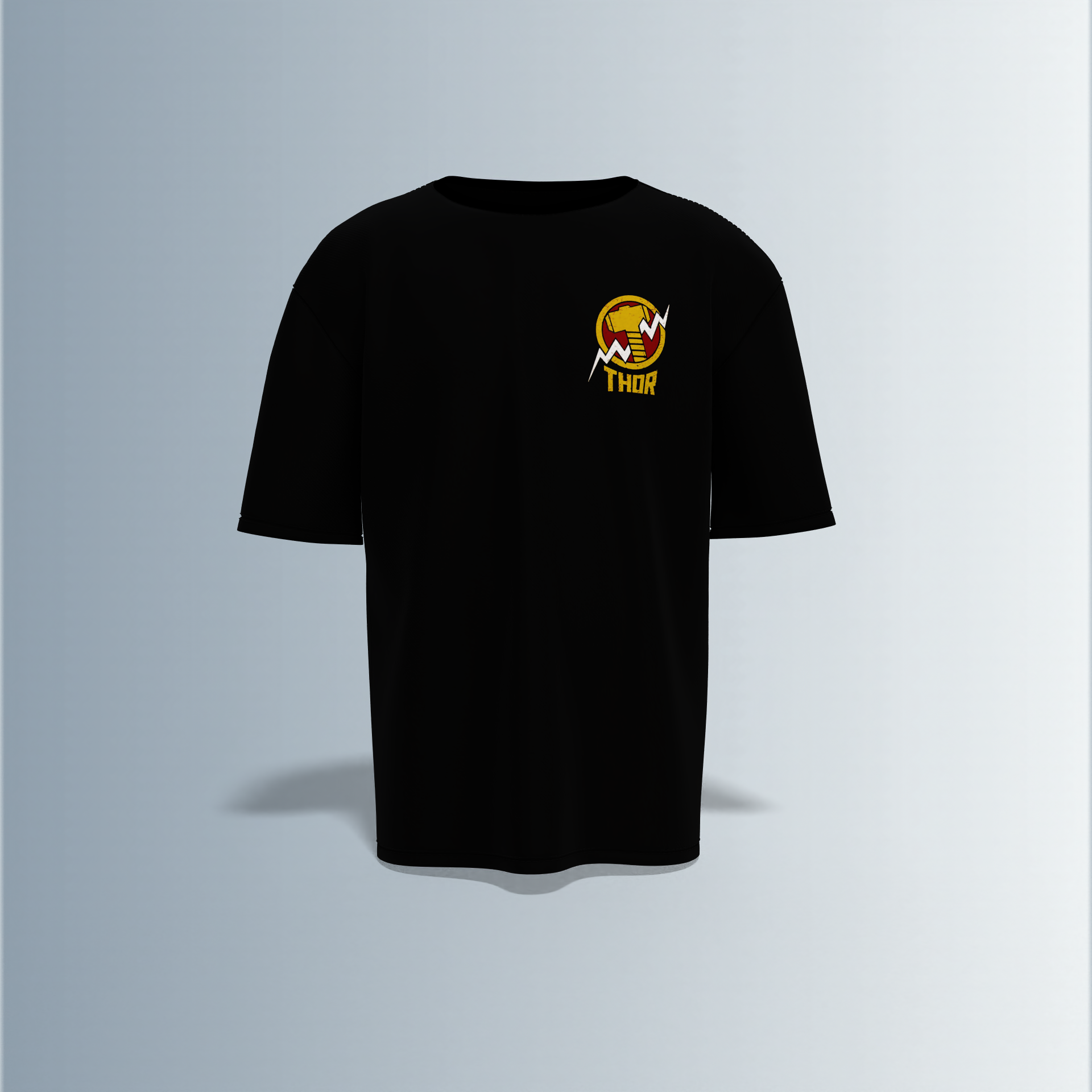 "Thor Graphic T-shirt Design with Bold Front Logo and Vibrant Back Artwork"