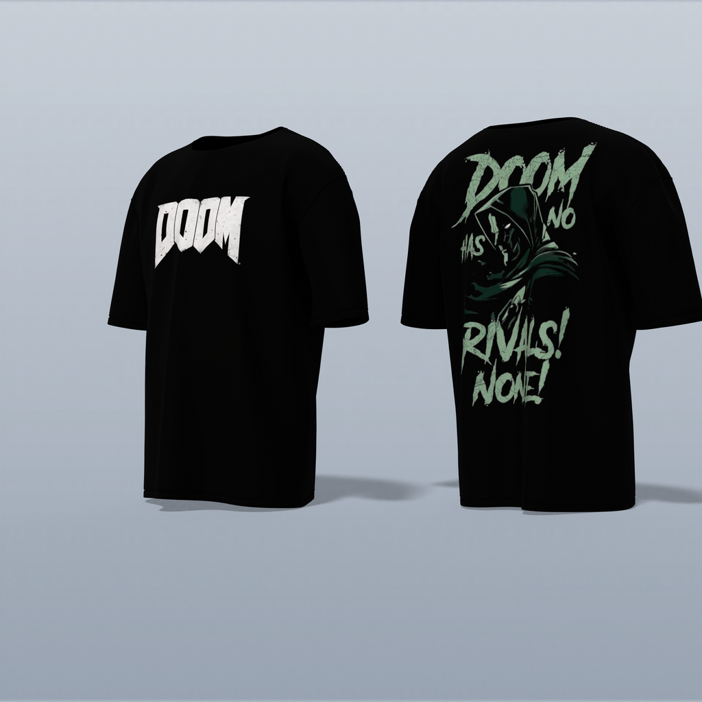 Graphic T-Shirt Featuring “DOOM” Bold Front Text and Dr. Doom Illustration with “DOOM HAS NO RIVALS! NONE!” Slogan on the Back