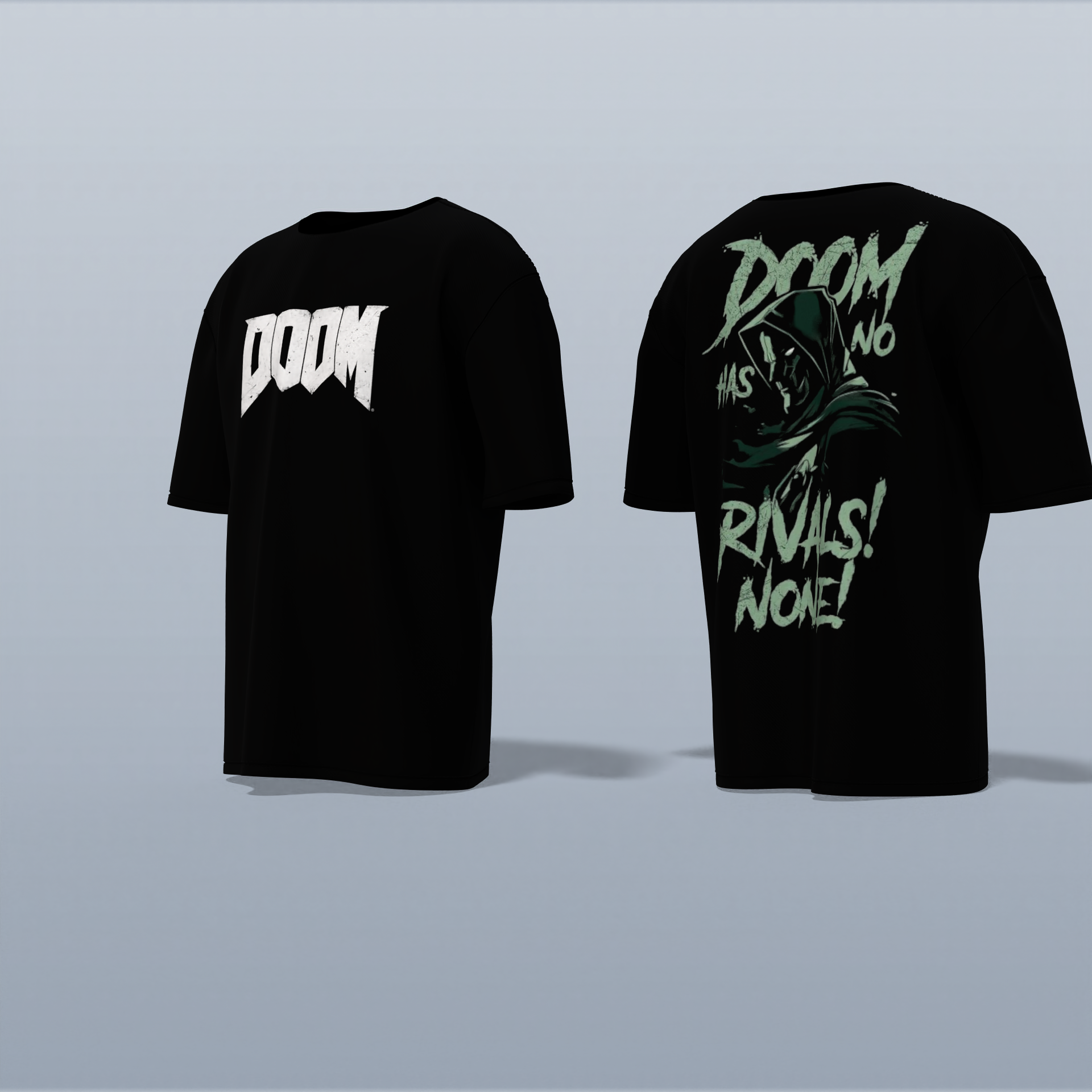 Graphic T-Shirt Featuring “DOOM” Bold Front Text and Dr. Doom Illustration with “DOOM HAS NO RIVALS! NONE!” Slogan on the Back
