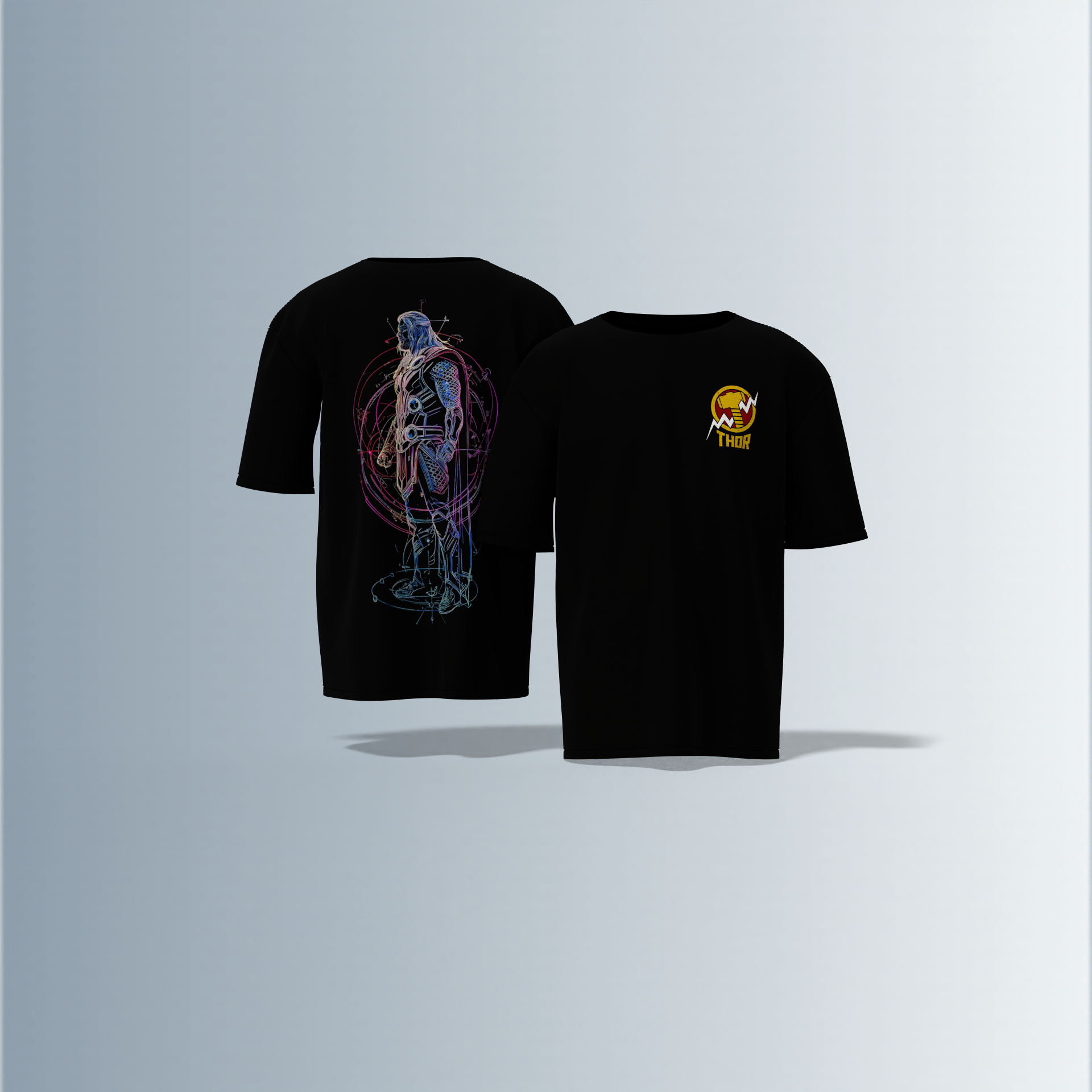 "Thor Graphic T-shirt Design with Bold Front Logo and Vibrant Back Artwork"