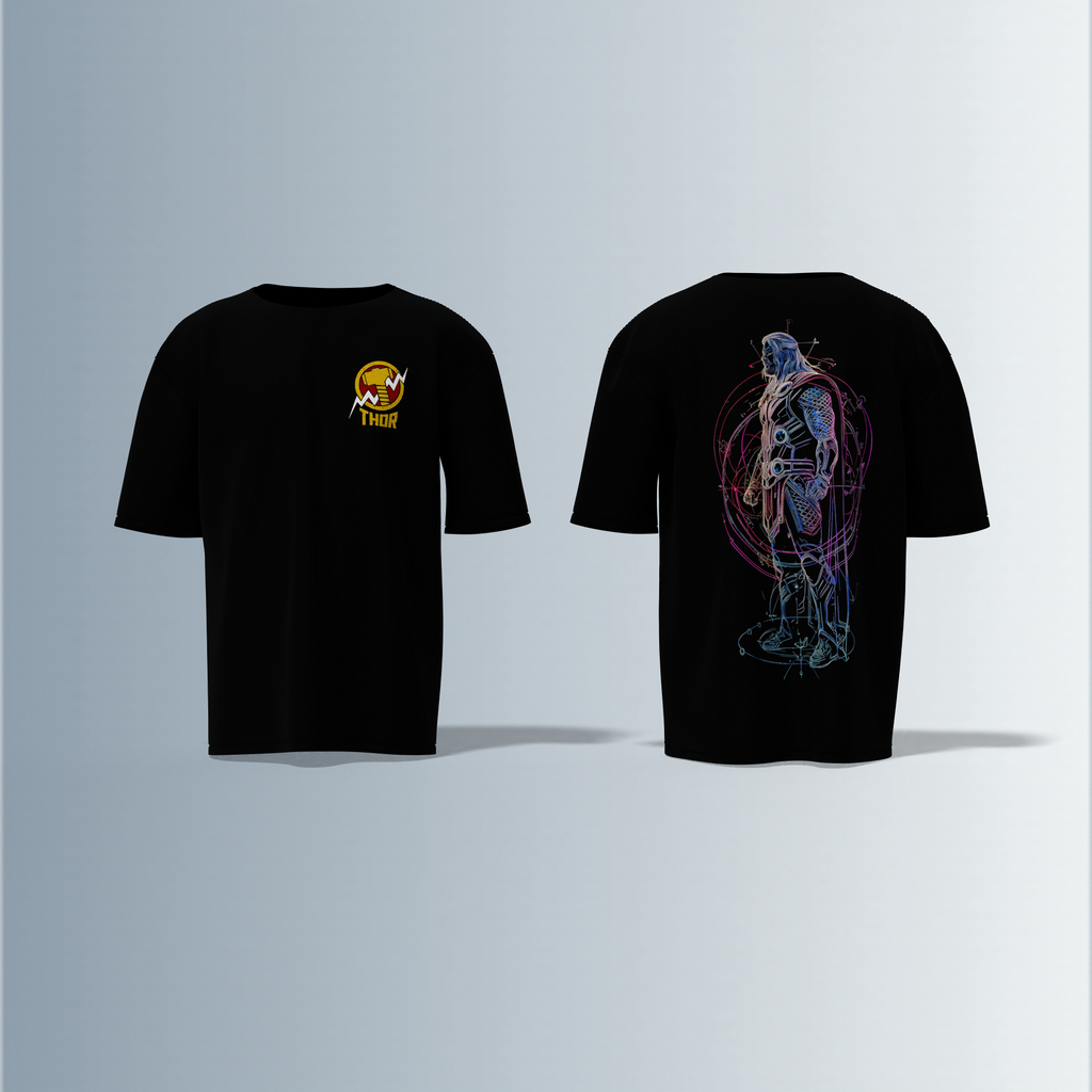 "Thor Graphic T-shirt Design with Bold Front Logo and Vibrant Back Artwork"