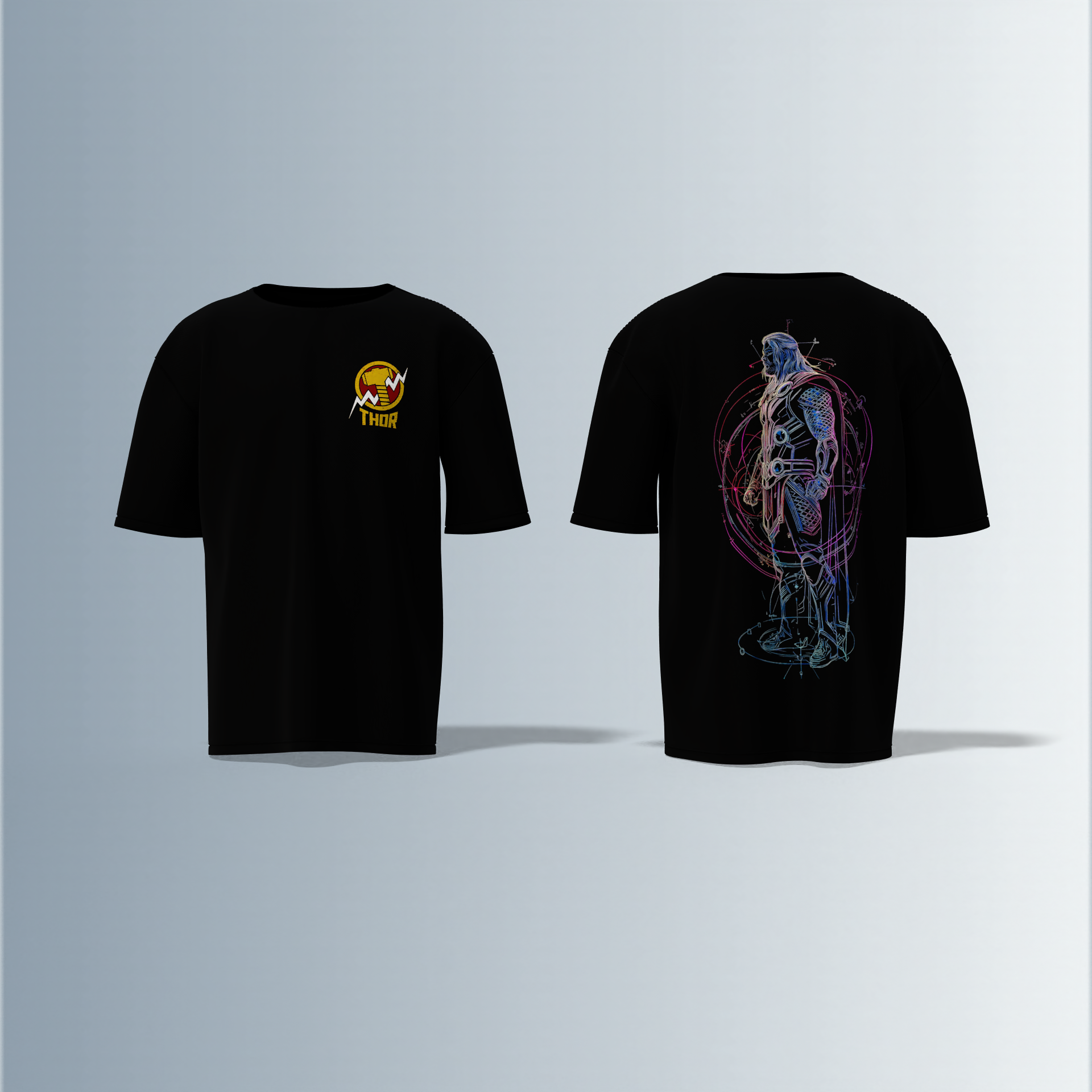 "Thor Graphic T-shirt Design with Bold Front Logo and Vibrant Back Artwork"